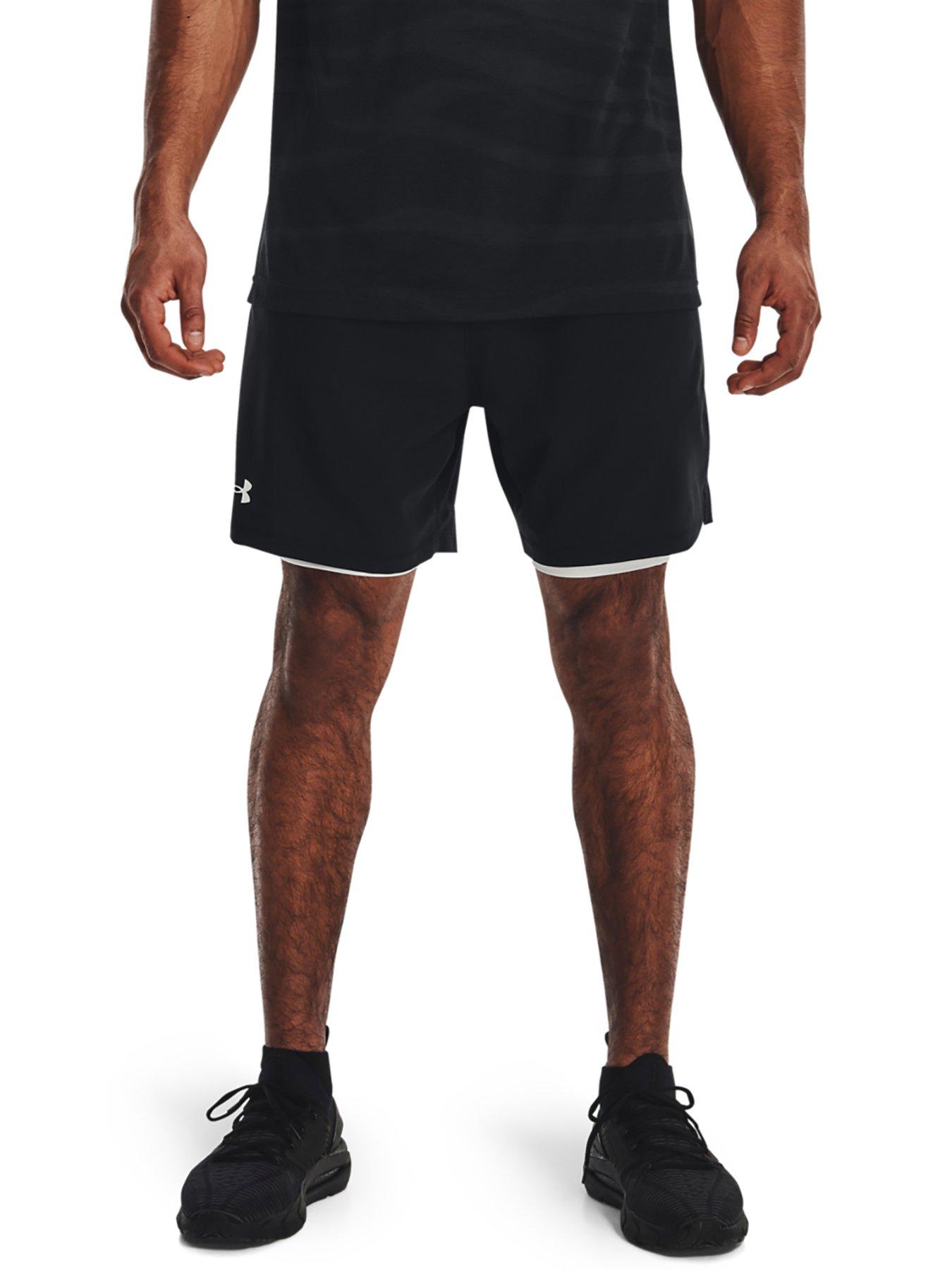 front image of under-armour-mens-training-vanish-woven-2-in-1-shorts-blackwhite