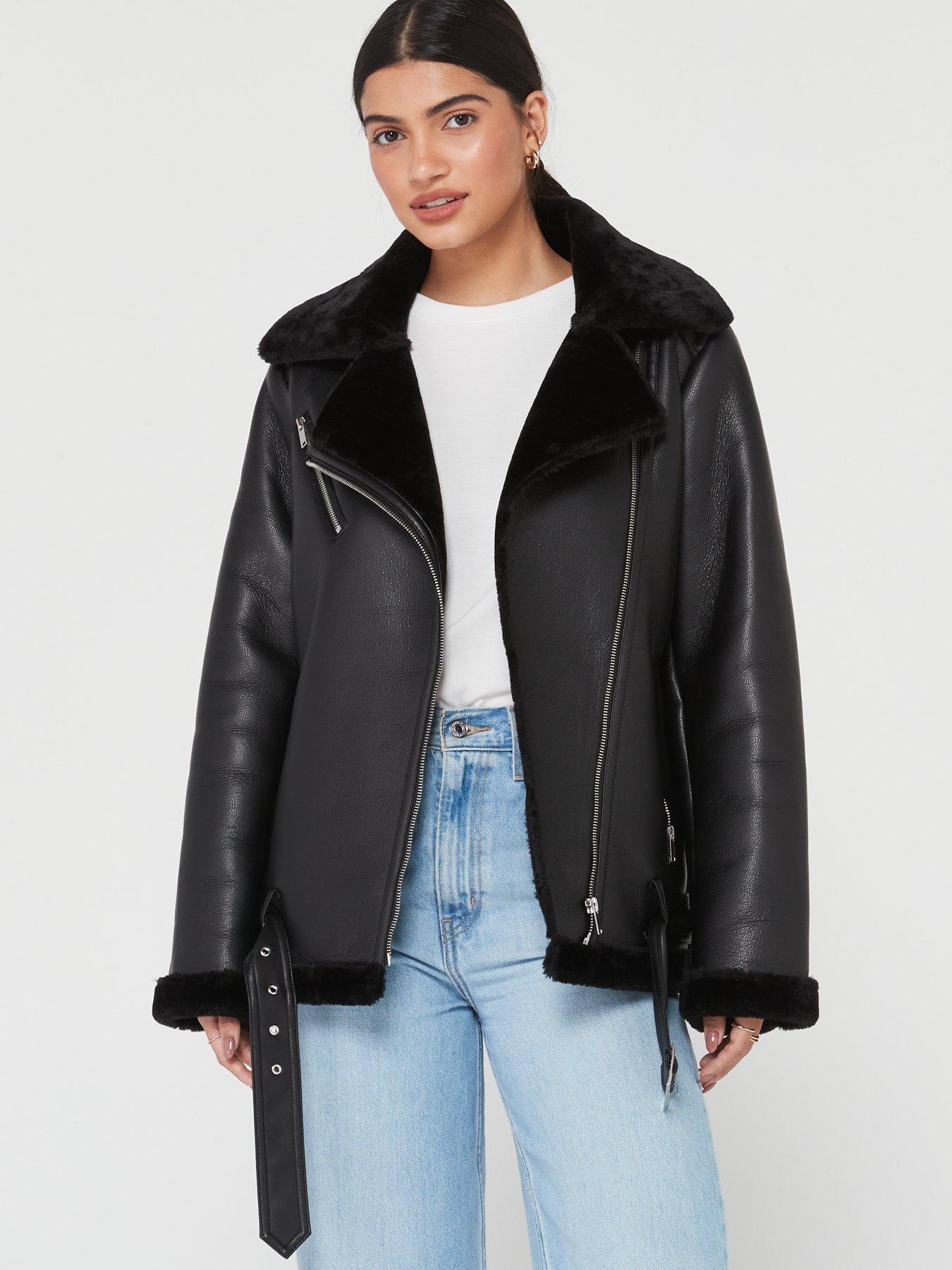 Faux Shearling Aviator Jacket Black