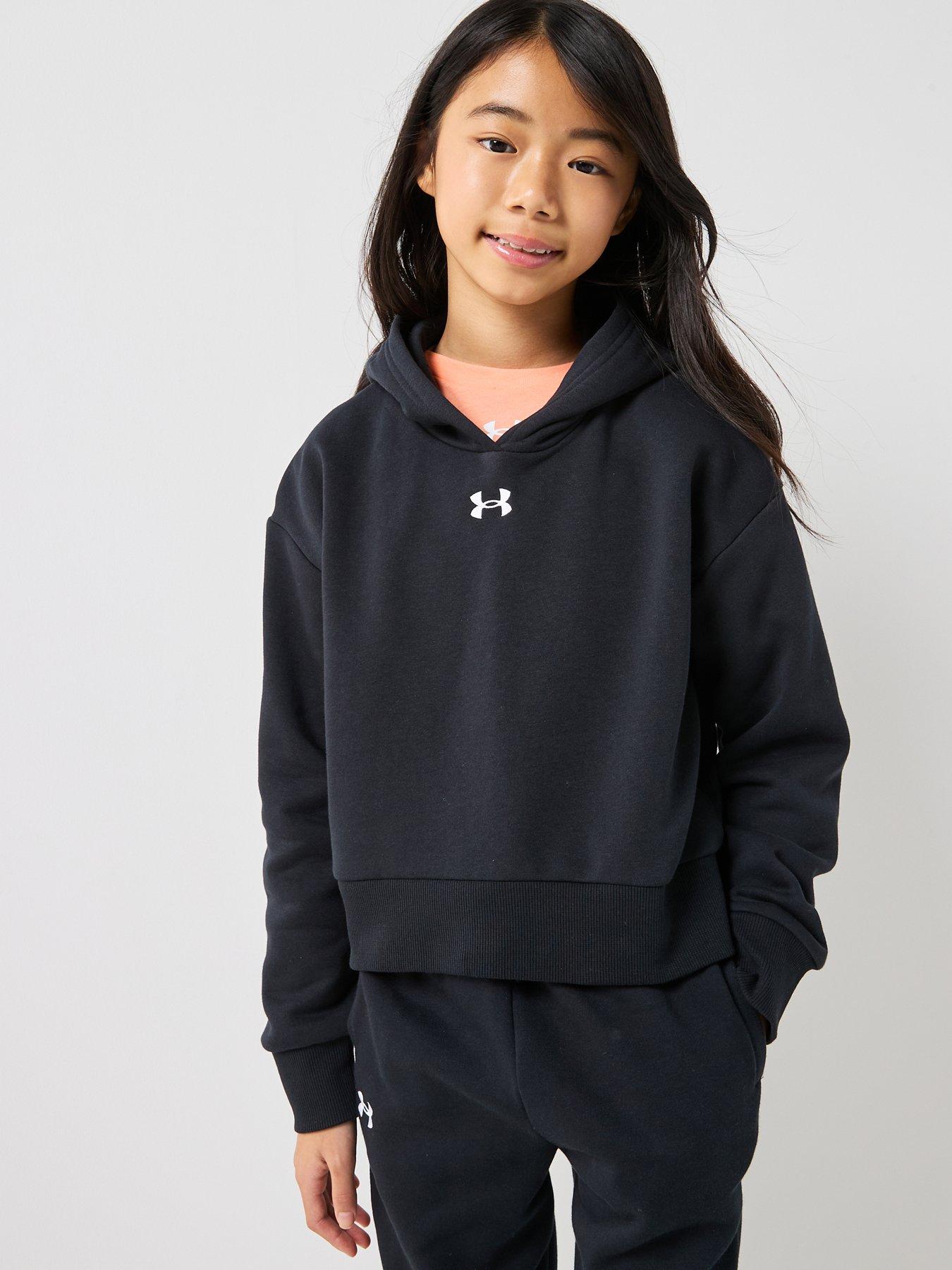 UNDER ARMOUR Girls Rival Fleece Crop Hoodie - Black/White