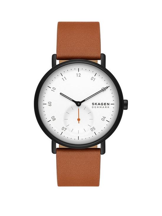 front image of skagen-kuppel-mens-brown-leather-watch