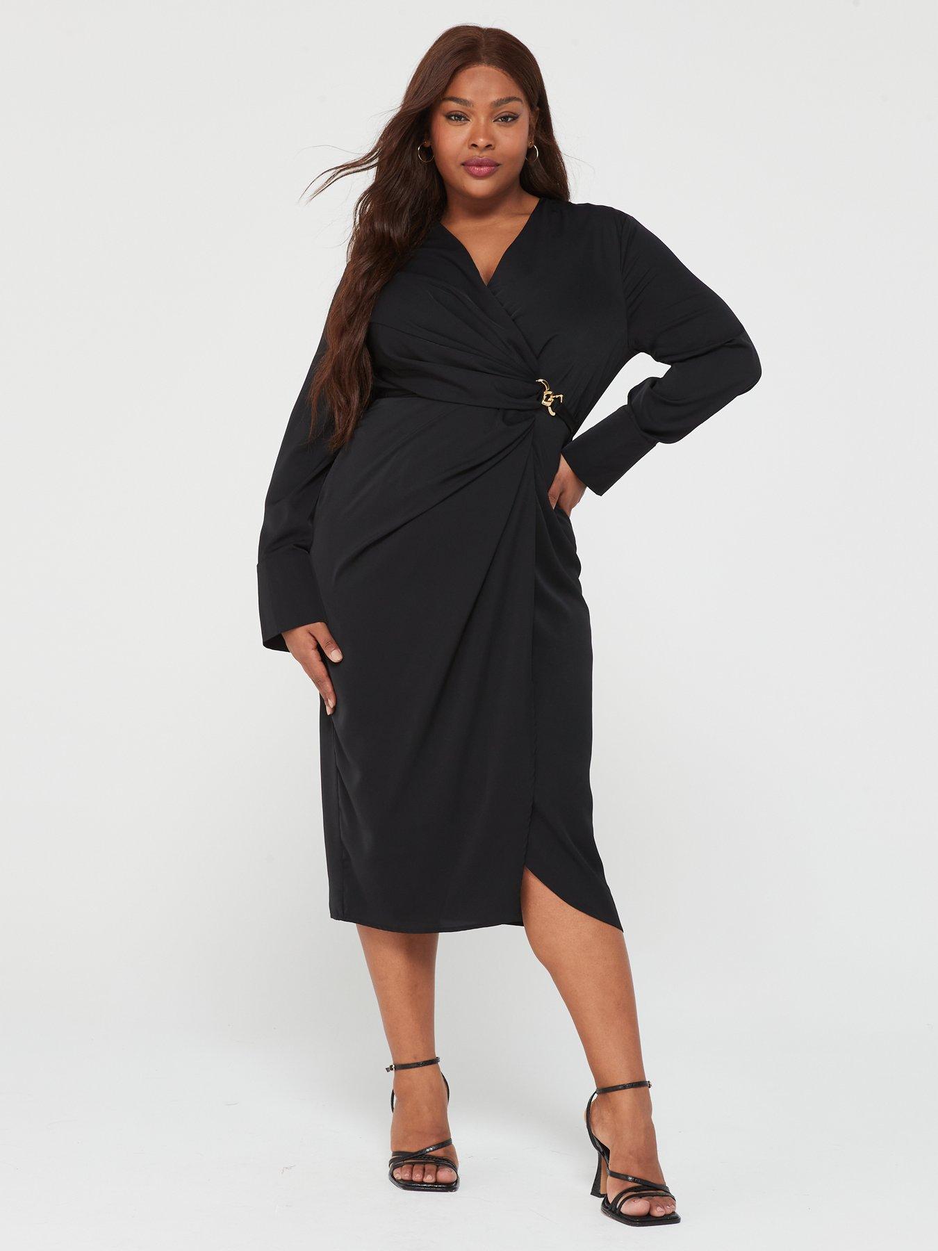 AX PARIS CURVE Black Wrap Gold Buckle Midi Dress littlewoods