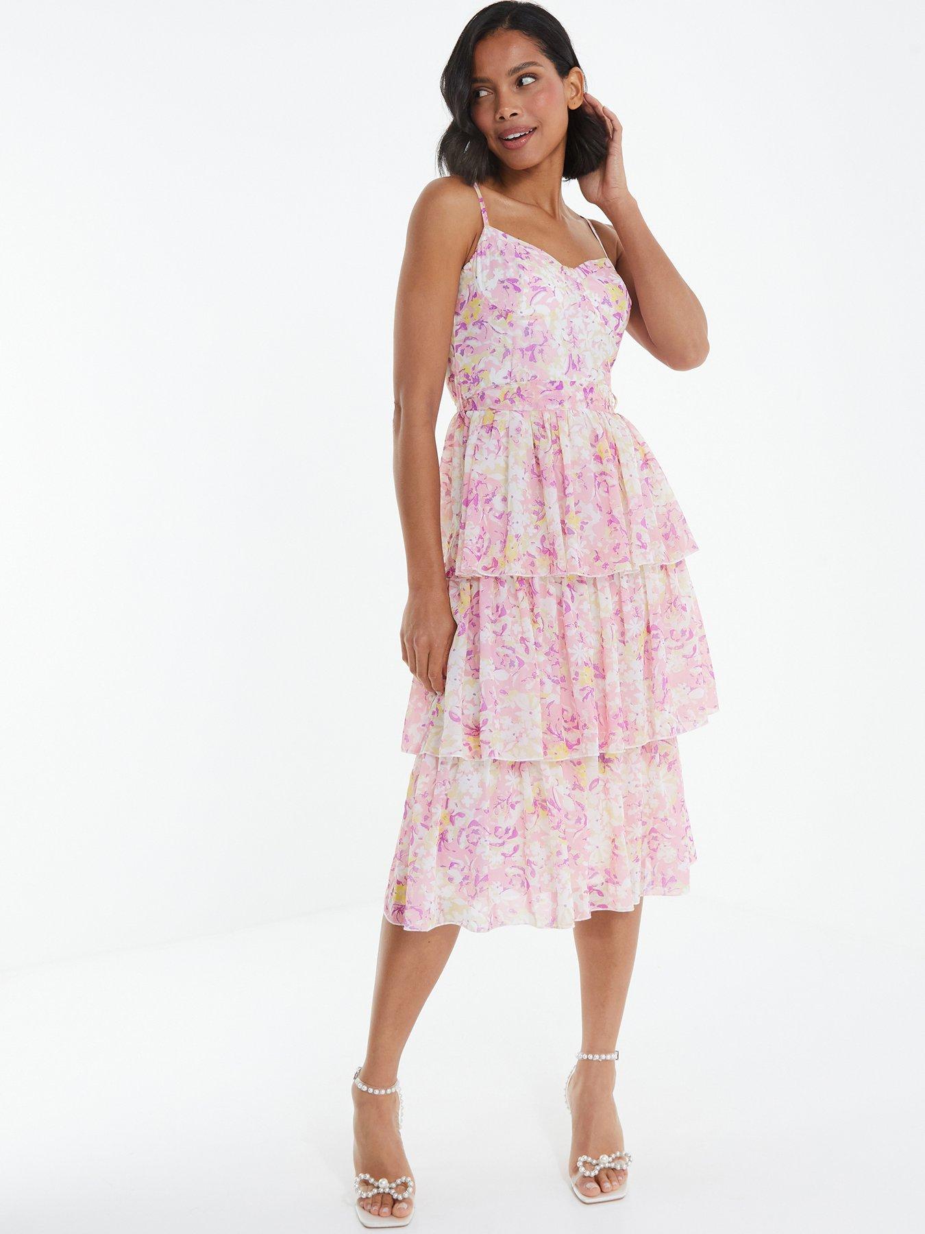 Quiz Pink Floral Tiered Midi Dress littlewoods