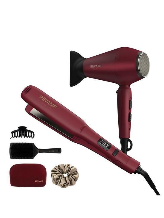 front image of revamp-progloss-forever-love-burgundy-platinum-hair-dryer-amp-straightener-gift-set