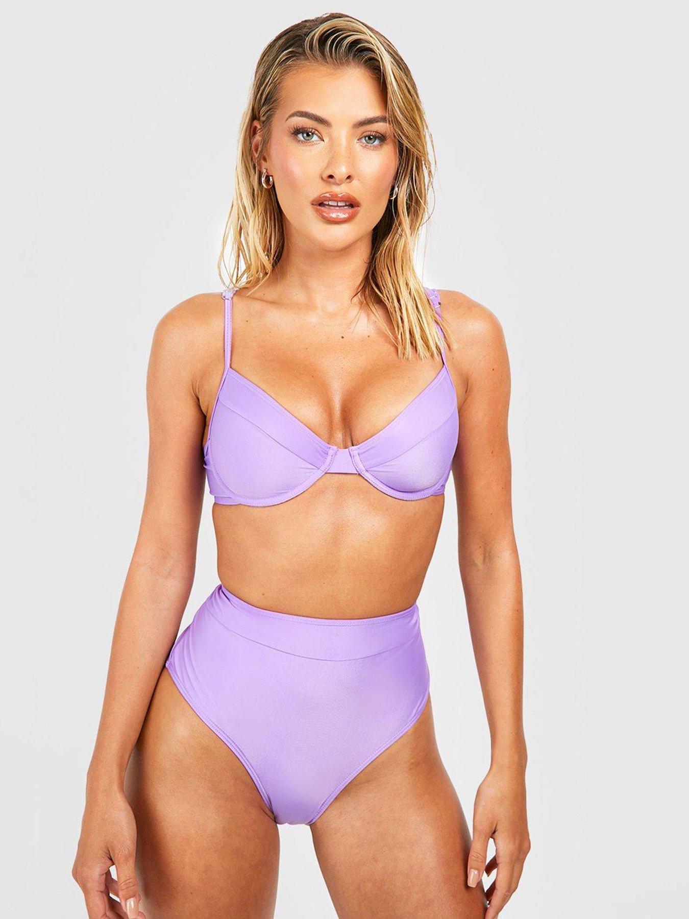 Buy Boohoo Crinkle Fuller Bust Bandeau Bikini Top In Plum