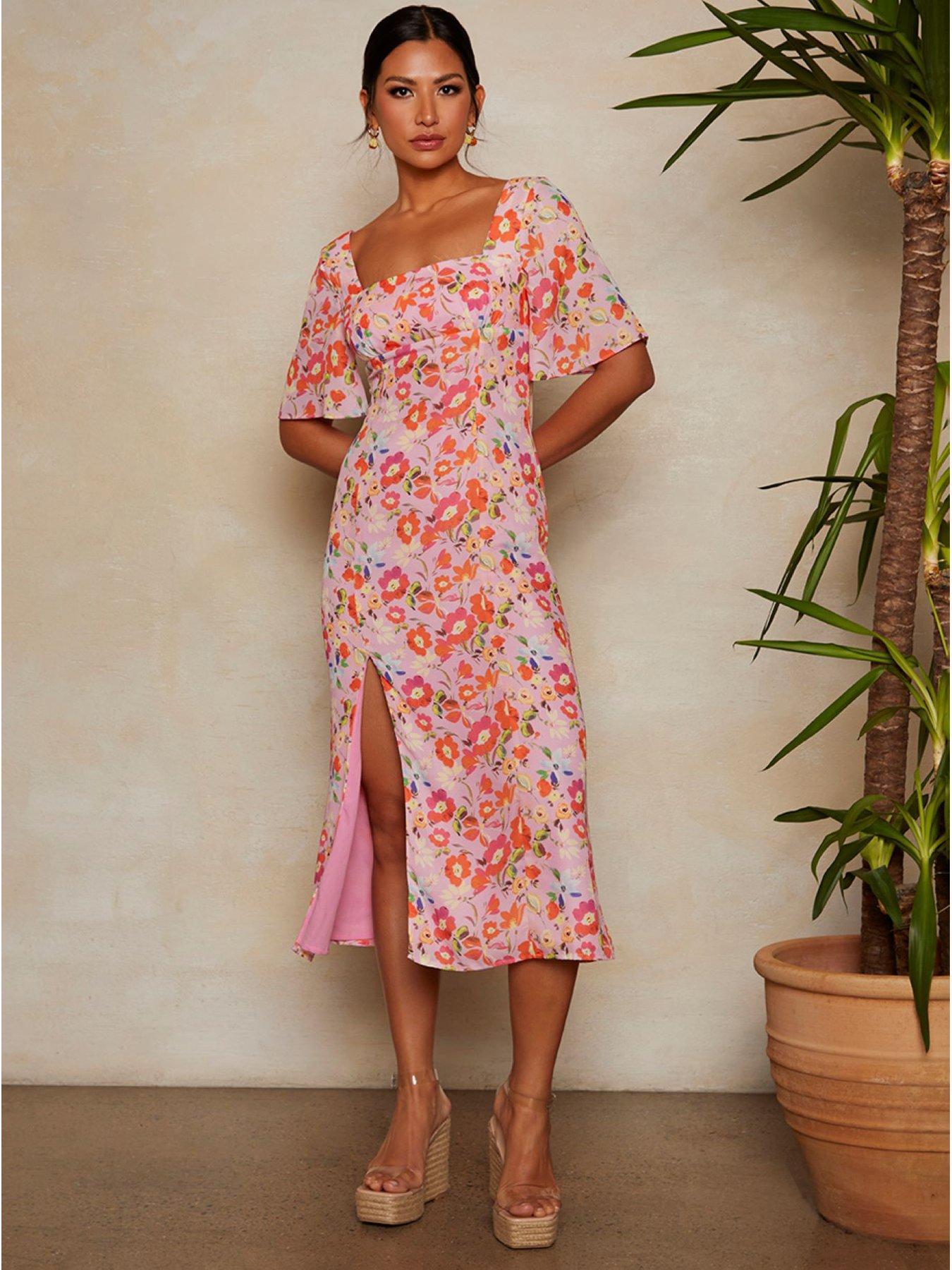 undefined Short Sleeve Square Neck Floral Midi Dress in Pink