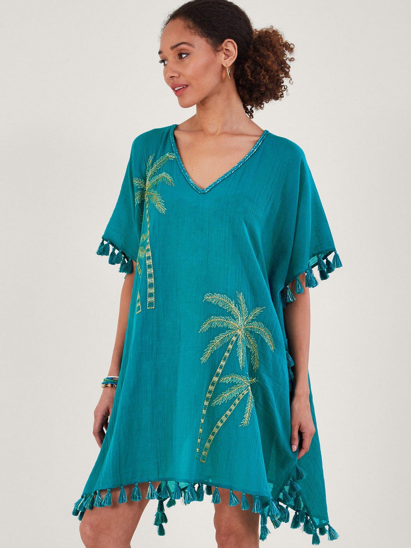 Monsoon Palm Tree Embroidered Kaftan - Blue | littlewoods.com