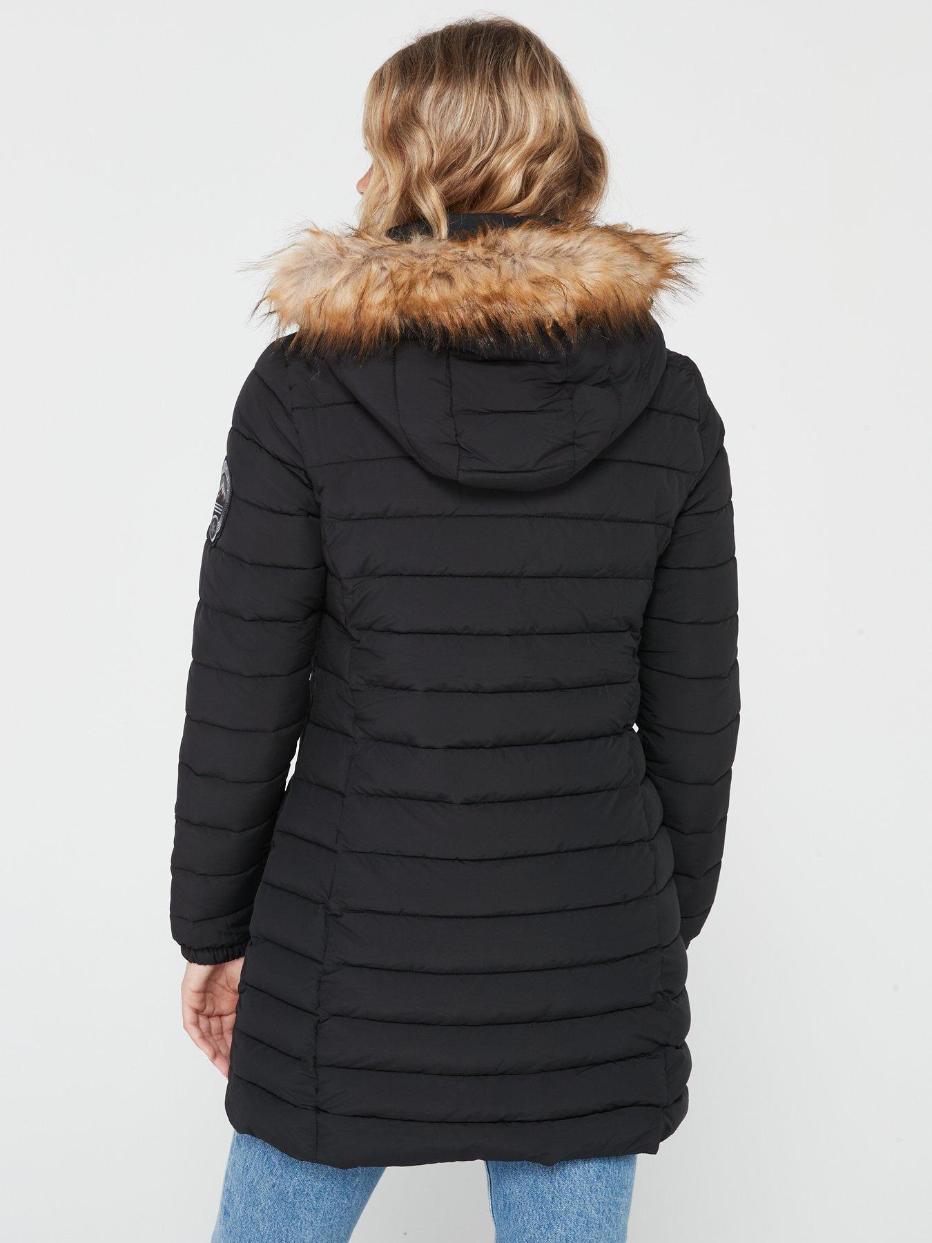 Superdry Fuji Hooded Mid Black - Puffer Length Coat