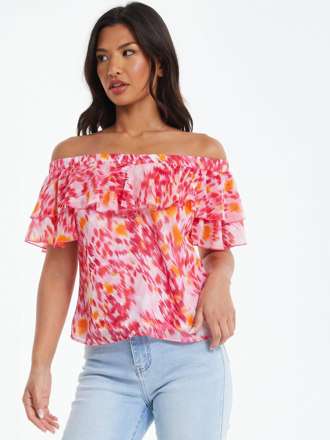 Pink Smudge Print Bardot Top