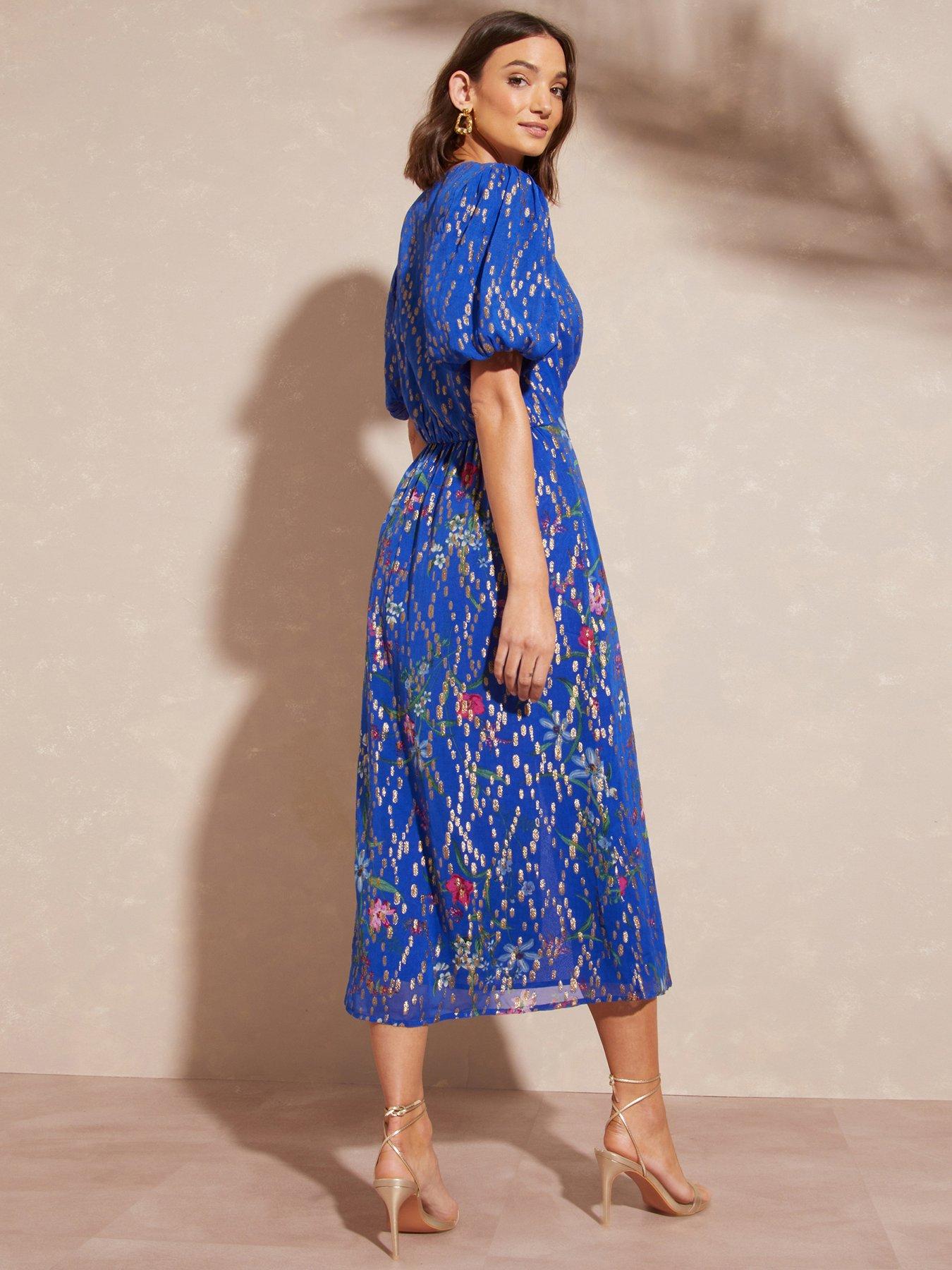 Love Roses Puff Sleeve Metallic Dress Blue littlewoods