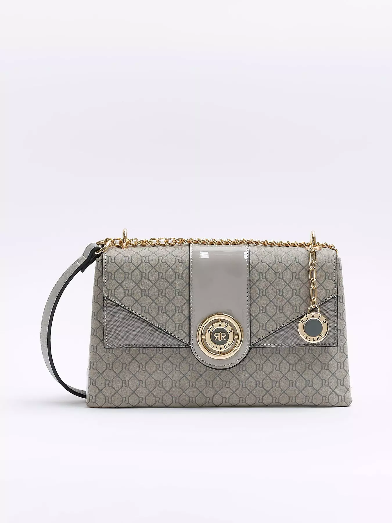 River Island chain front monogram crossbody bag in gray