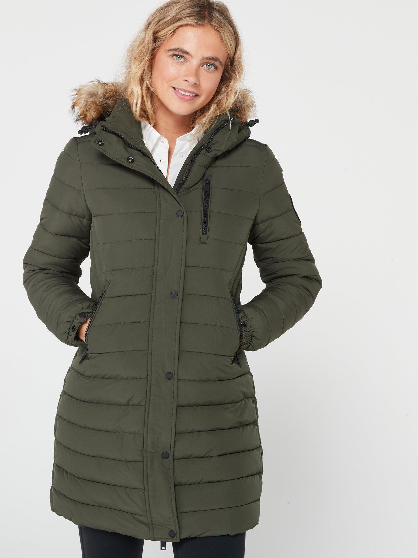 Mid length puffer coat with fur hood clearance