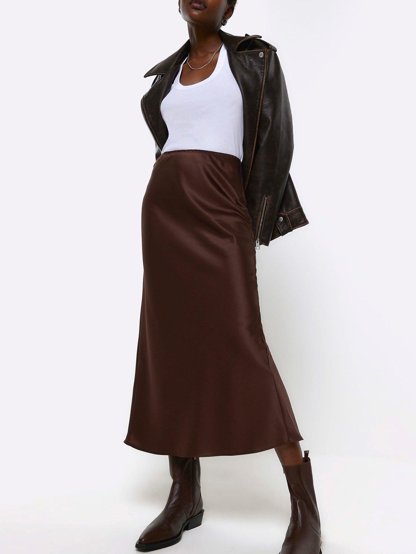 River Island Bias Satin Midi Skirt Brown littlewoods