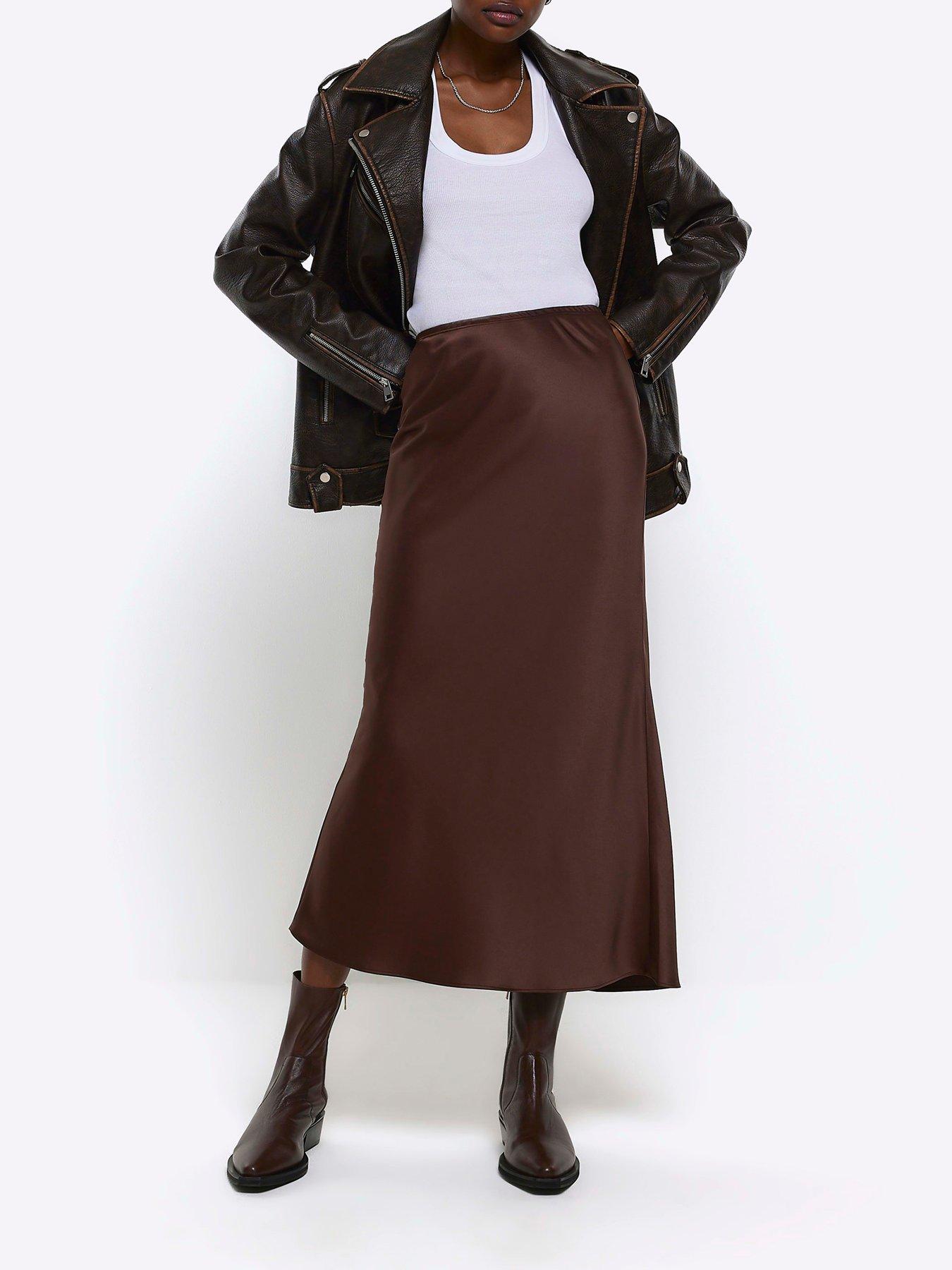  image of river-island-bias-satin-midi-skirt-brown
