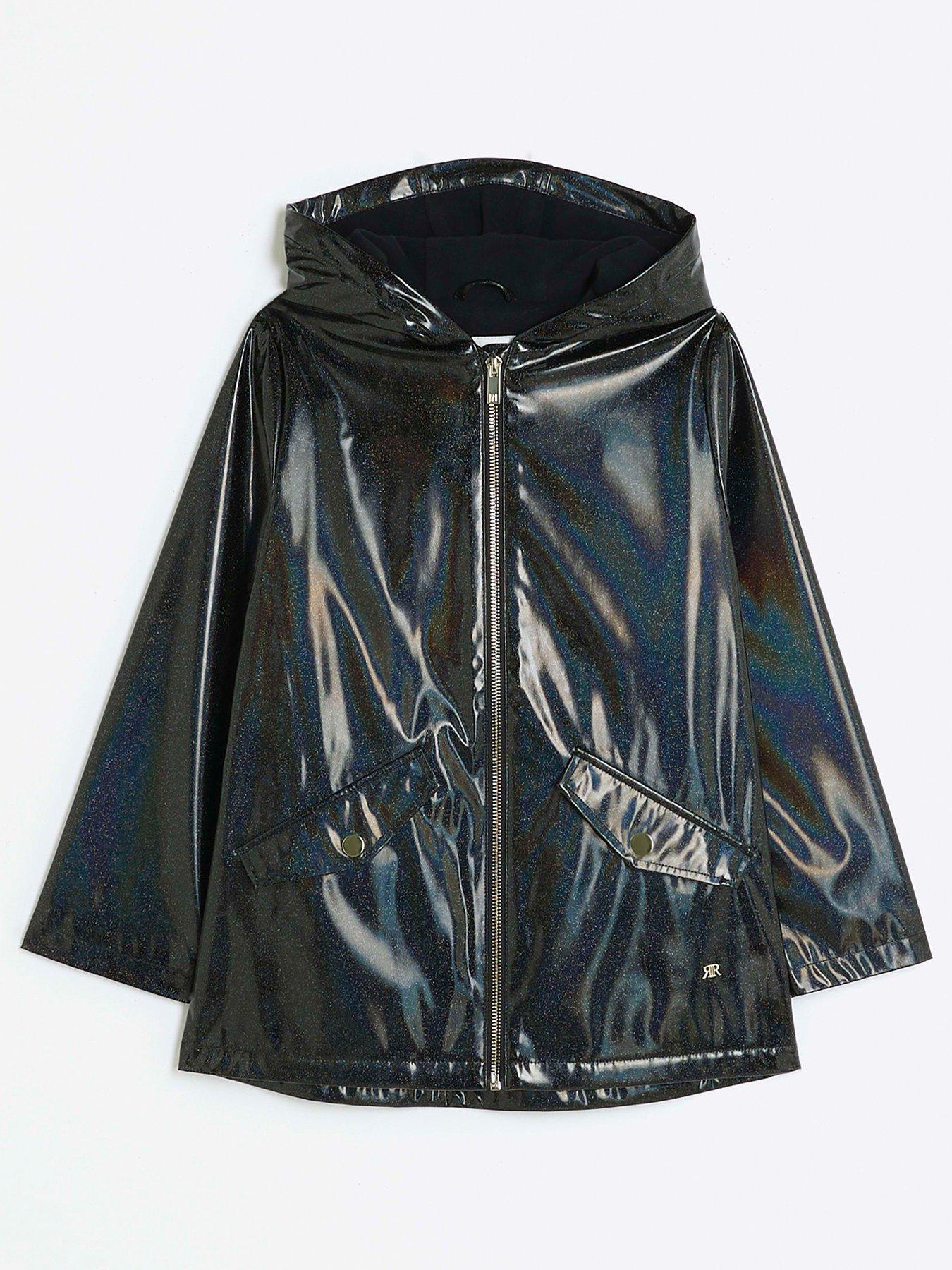 Image 1 of 4 of River Island Girls Glitter Hooded Raincoat - Black