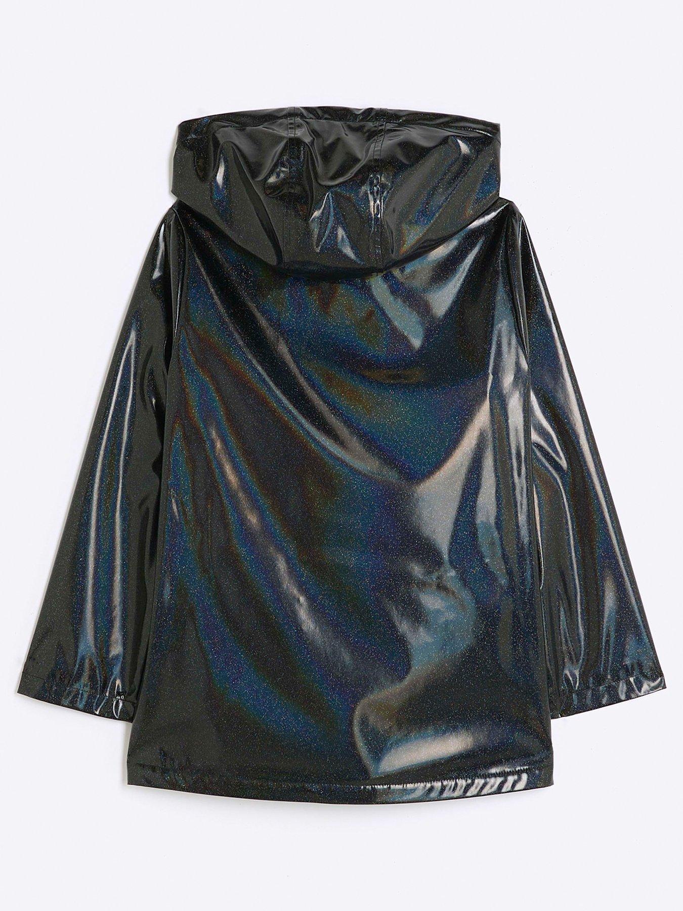 Image 2 of 4 of River Island Girls Glitter Hooded Raincoat - Black