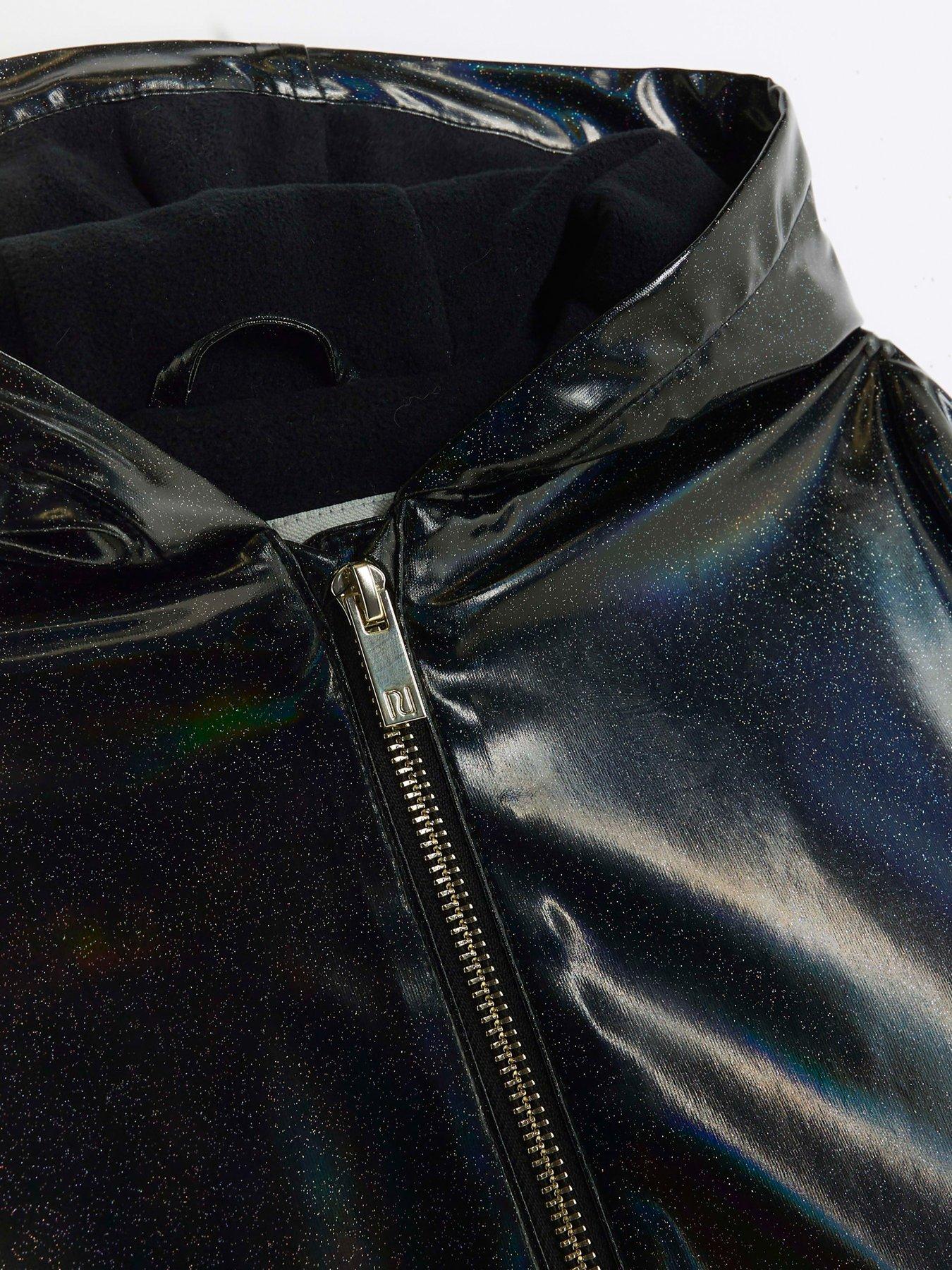 Image 4 of 4 of River Island Girls Glitter Hooded Raincoat - Black