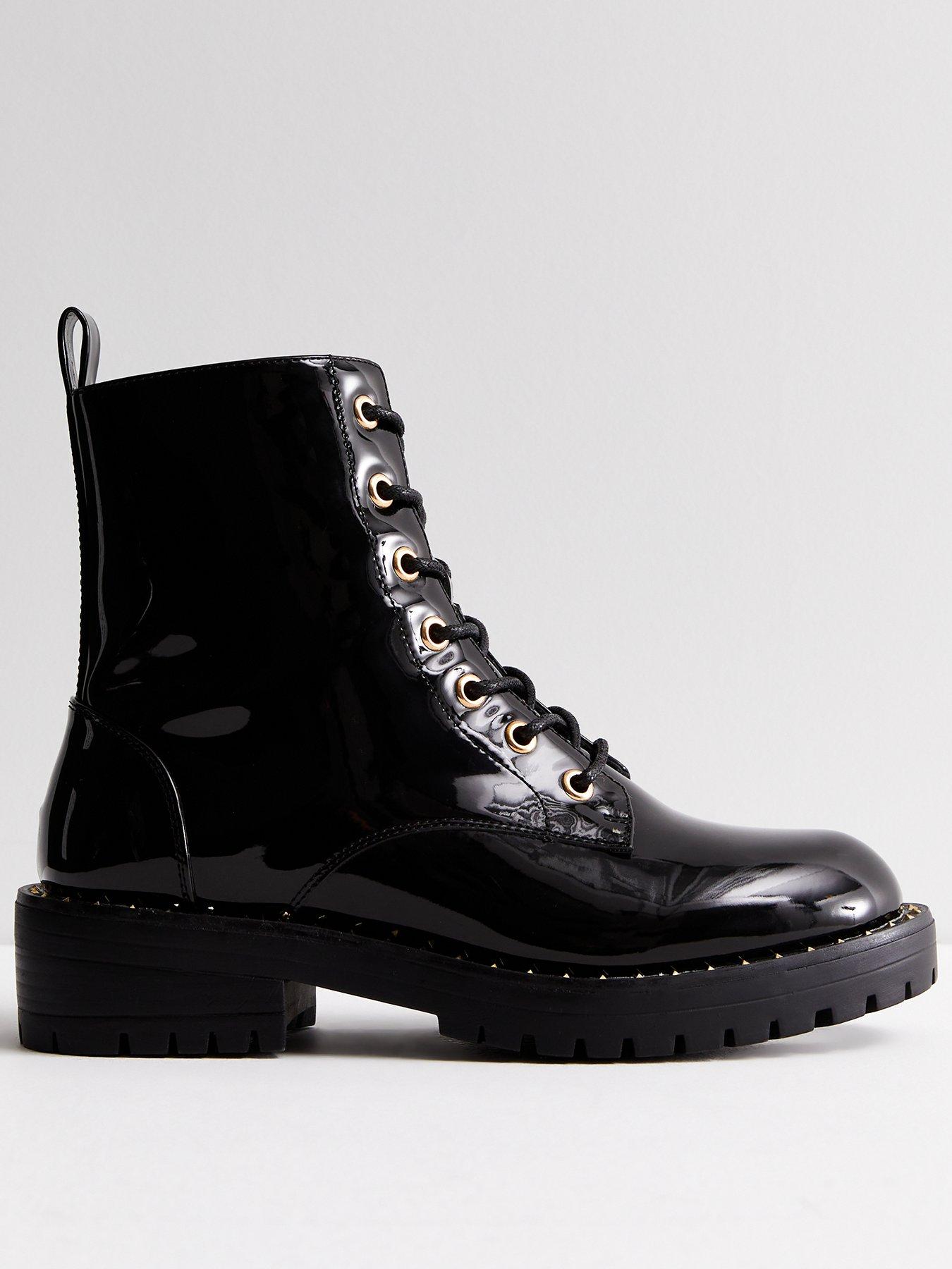 Black patent shop biker boots