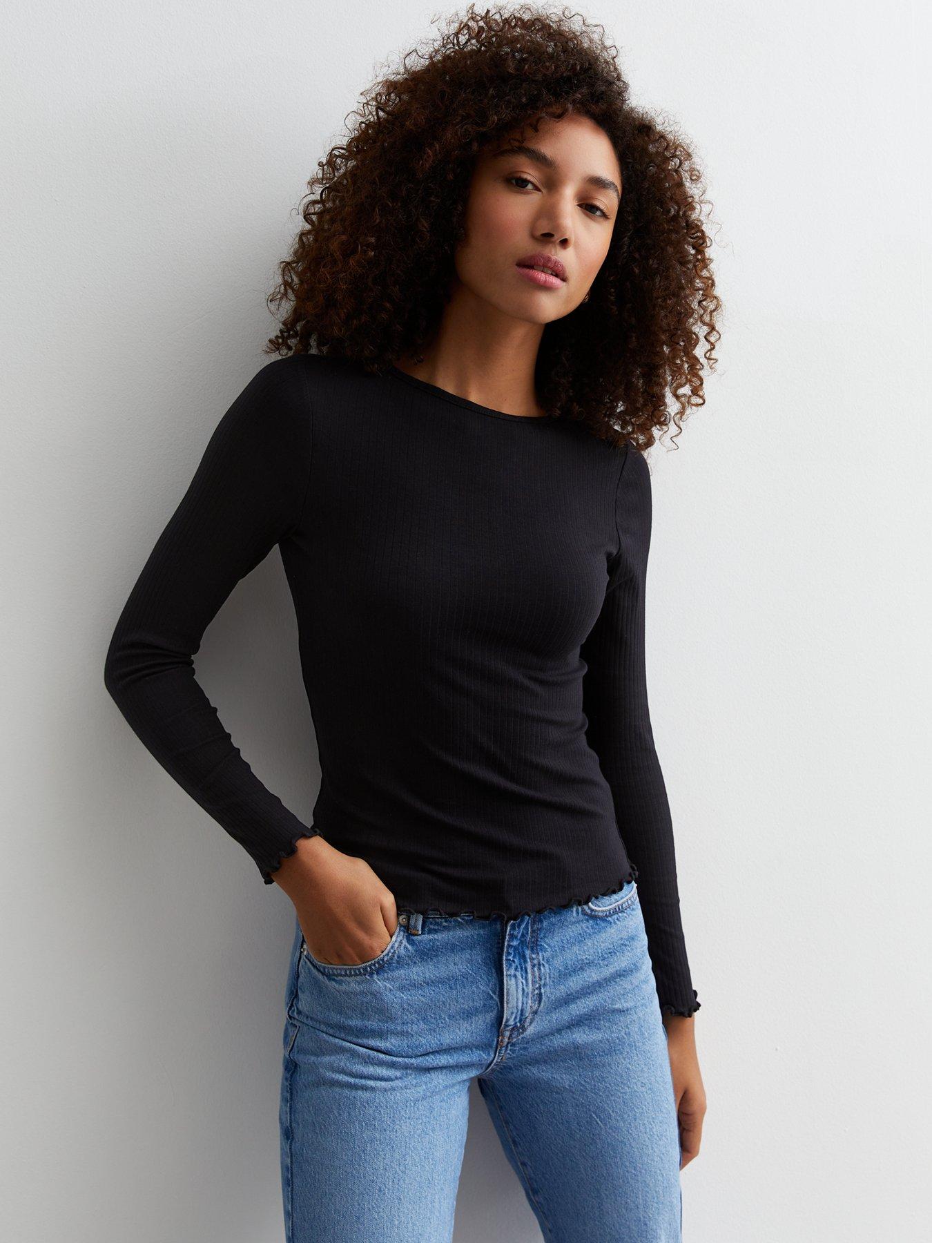 new-look-black-ribbed-frill-long-sleeve-top
