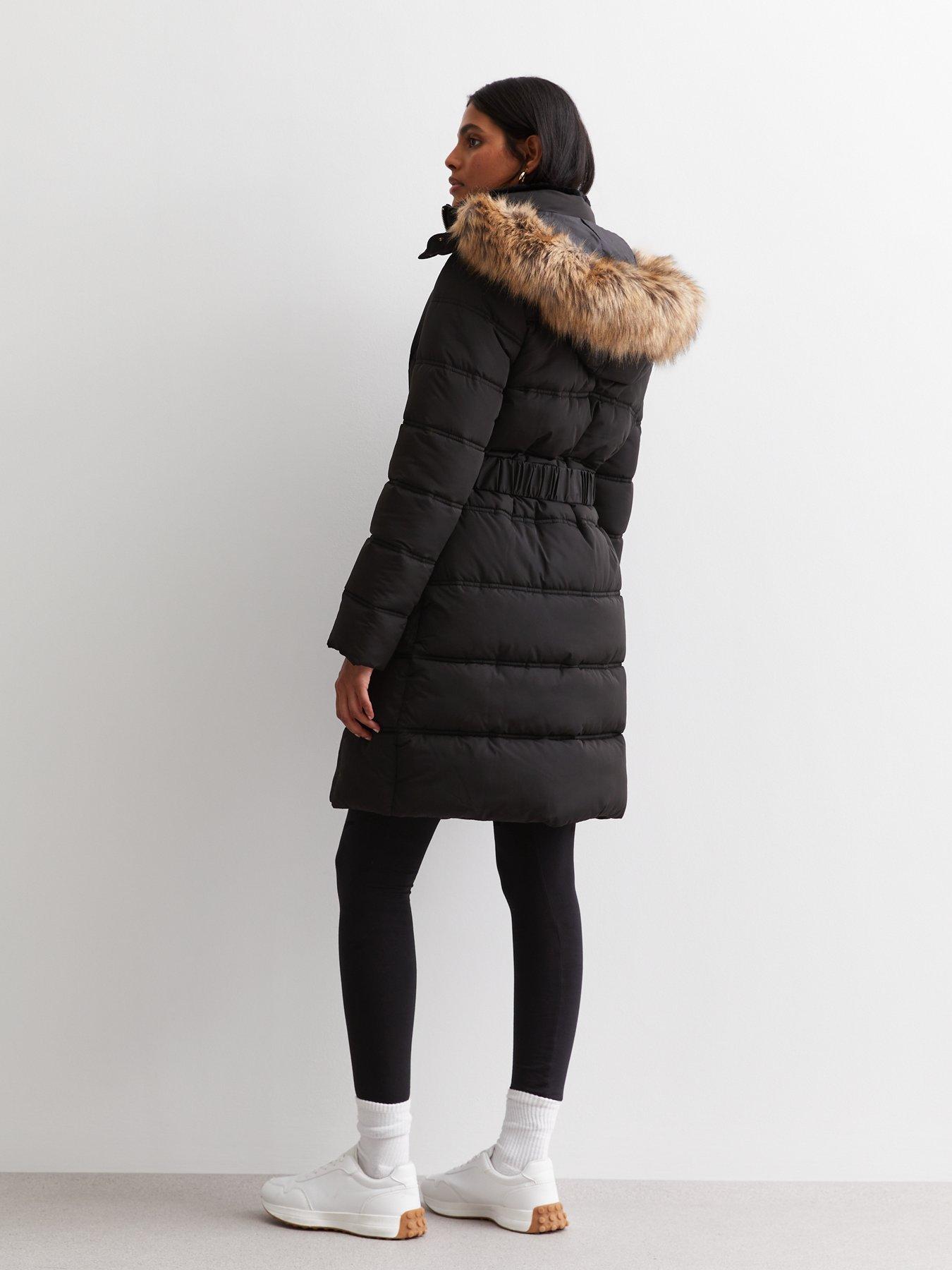 Faux fur hood belted puffer jacket hotsell