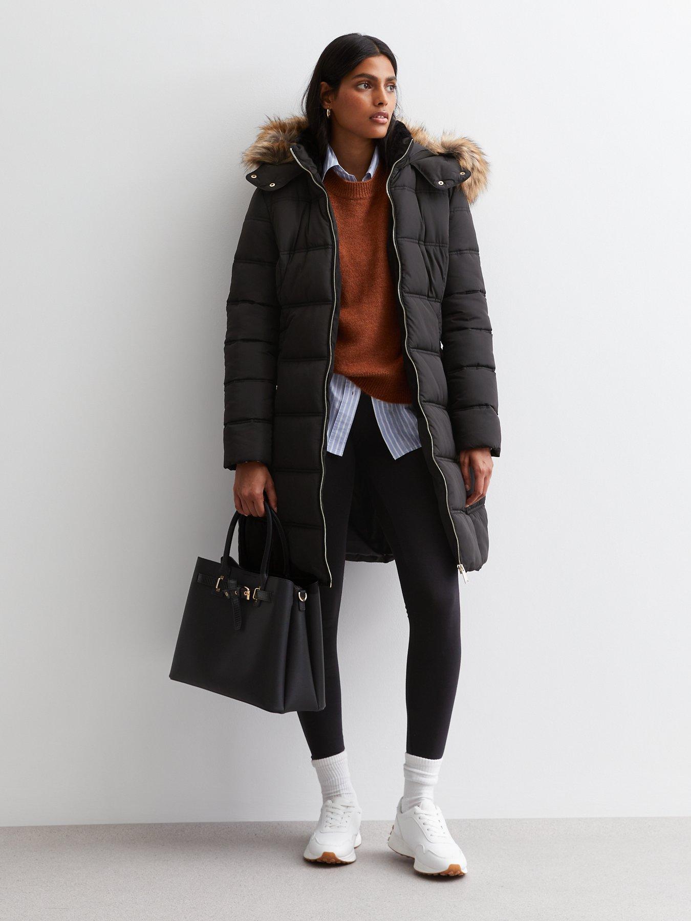 Faux fur hooded belted puffer outlet coat