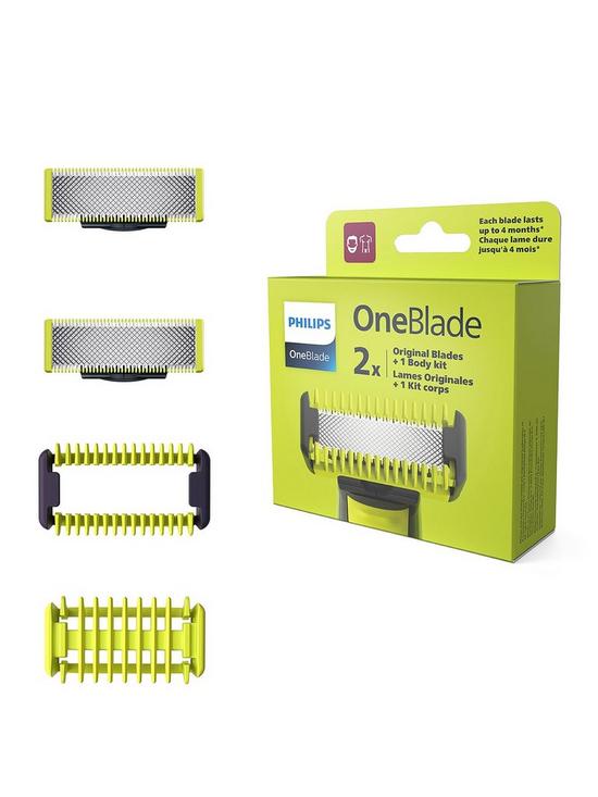 front image of philips-oneblade-replacement-kit-for-body-2-x-blades-skin-guard-body-comb-qp62050