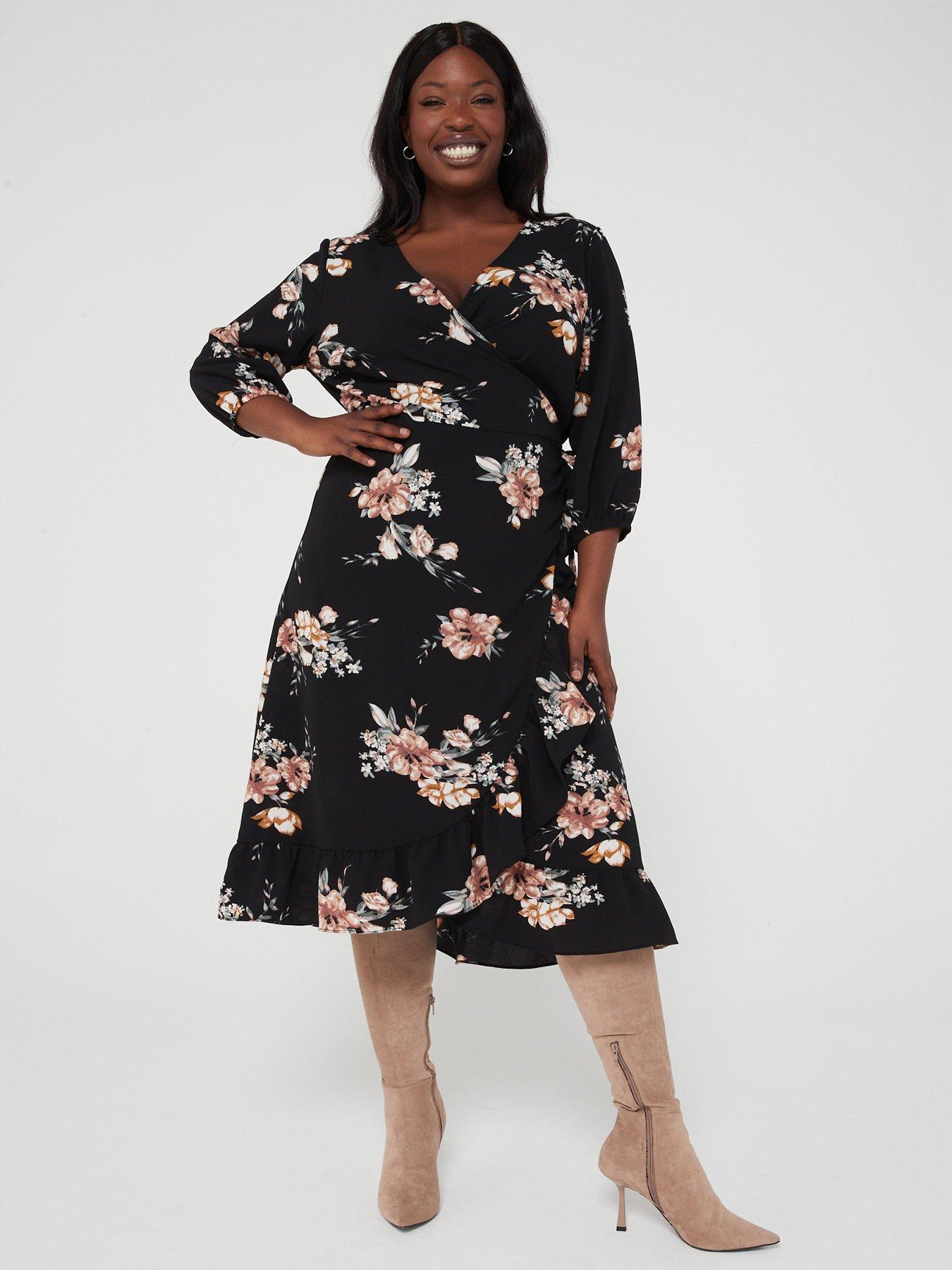 Celi 3 4 Floral Wrap Dress Black