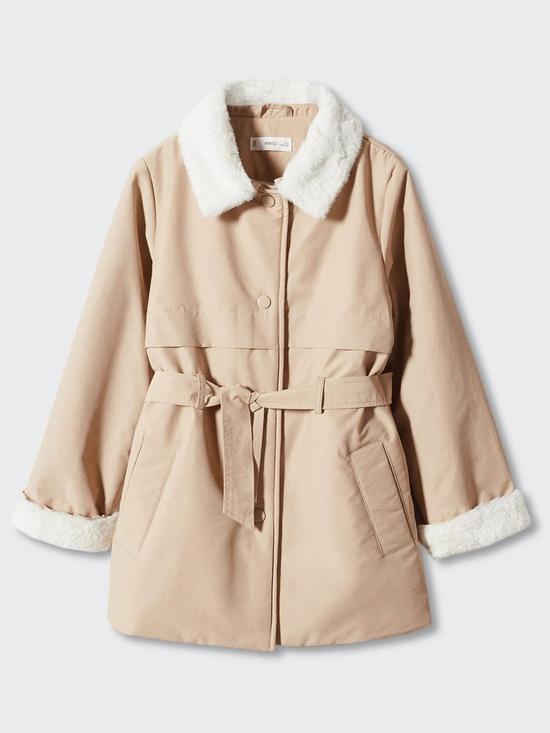 front image of mango-girls-faux-fur-trim-padded-trench-coat-beige