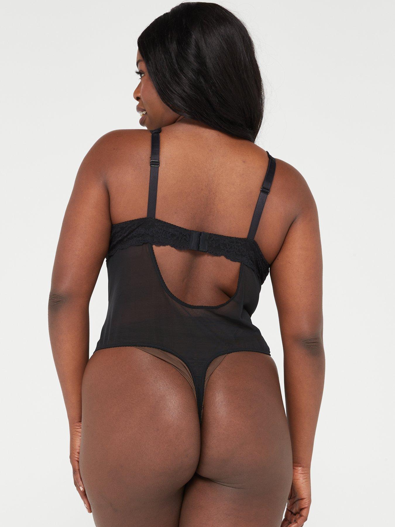 Ivory Rose Curve lace underwired mesh thong bodysuit in black