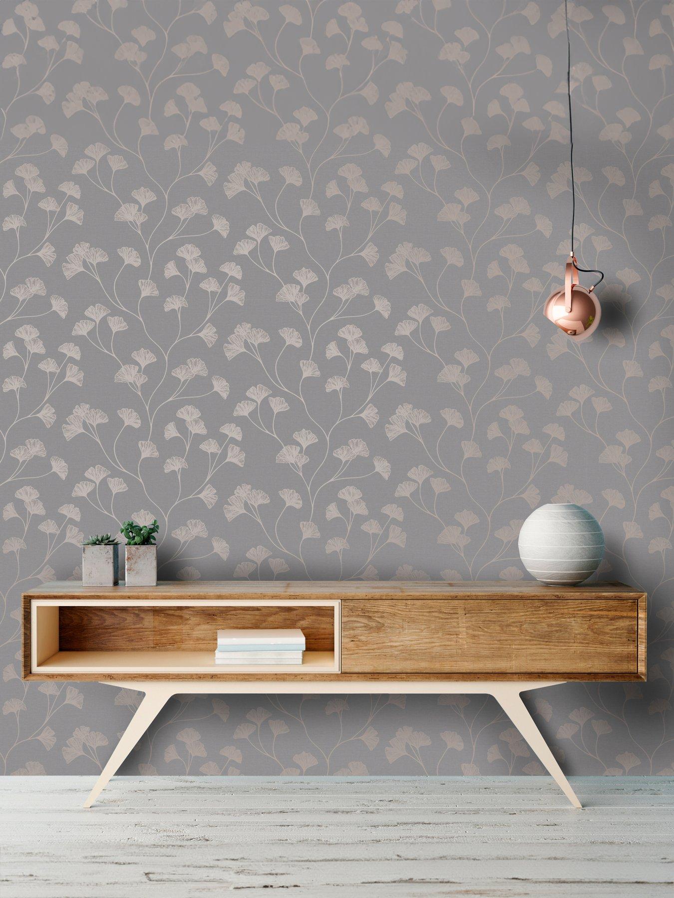 undefined Glistening Ginkgo Wallpaper - Dark Grey / Rose Gold