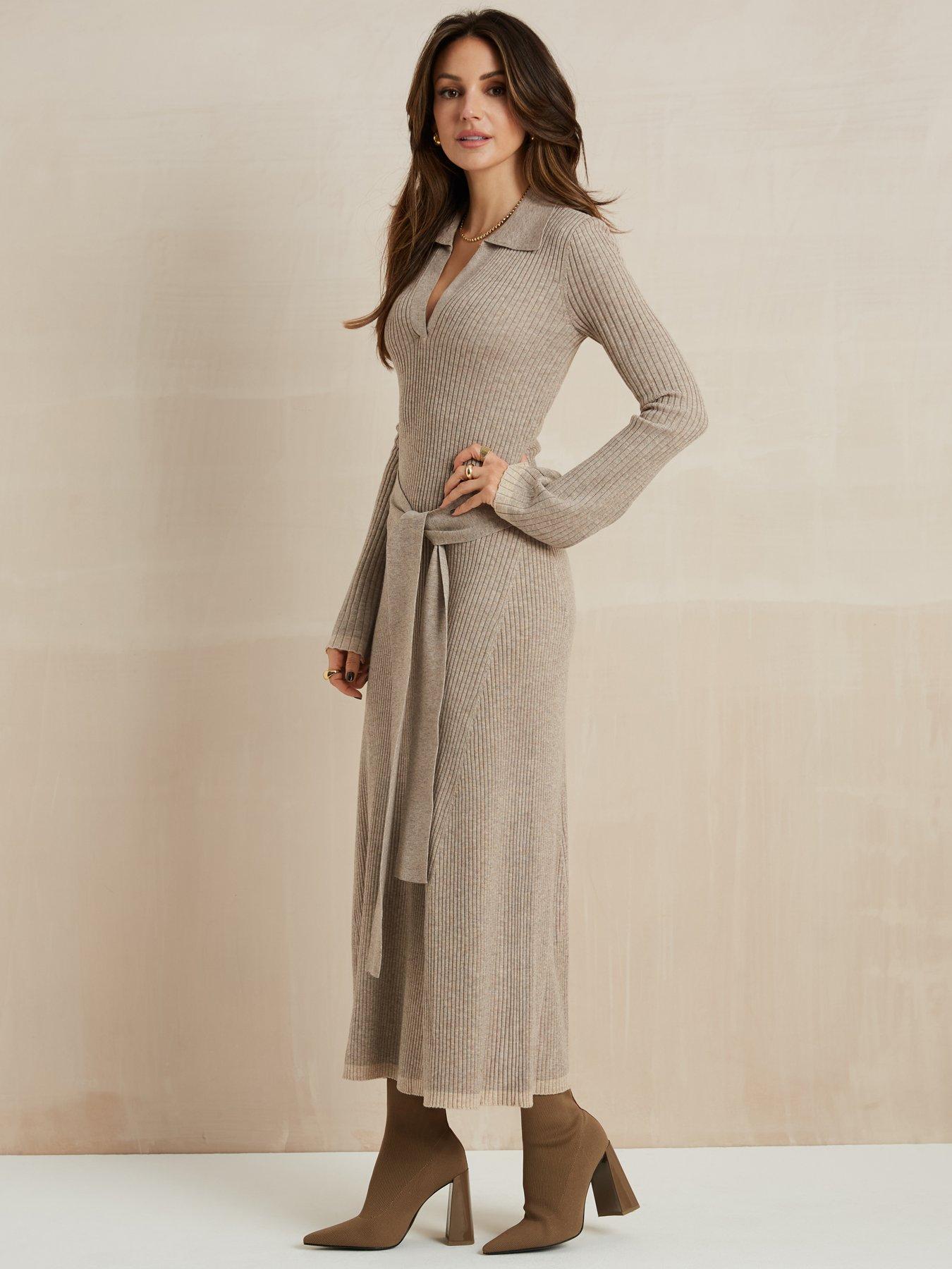 Calvin Klein Long Sleeve Sweater Midi Dress with Belt