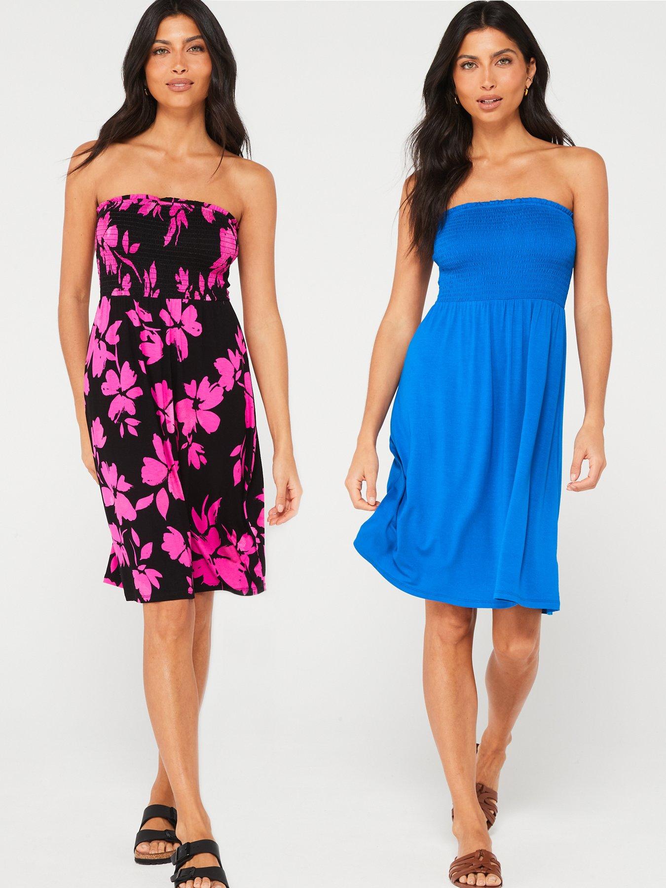 undefined Shirred Beach Mini Dress 2 Pack- Blue/Print