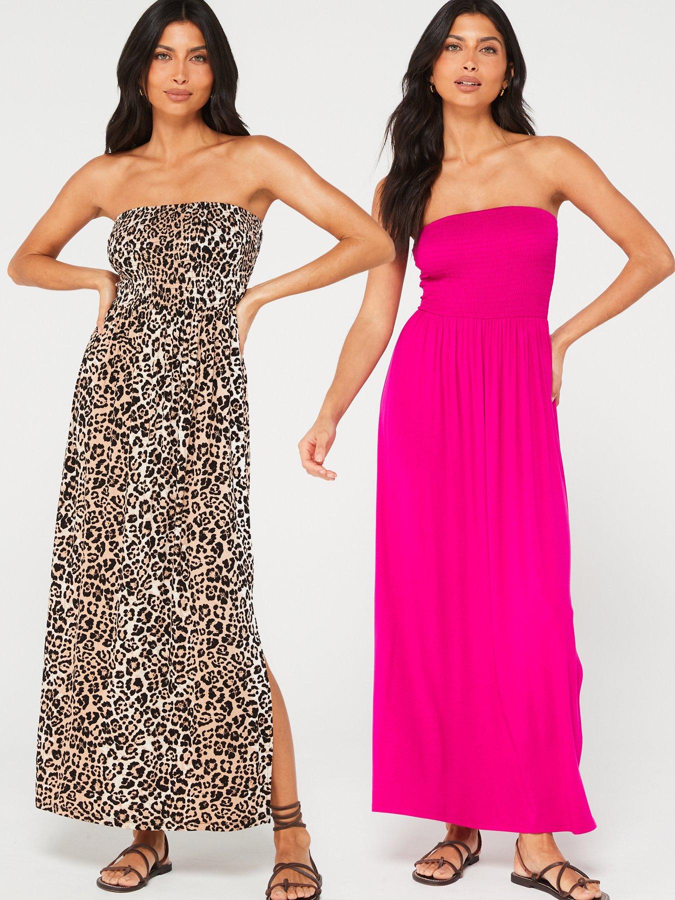 undefined Shirred Beach Maxi Dress 2 Pack - Pink/ Animal Print