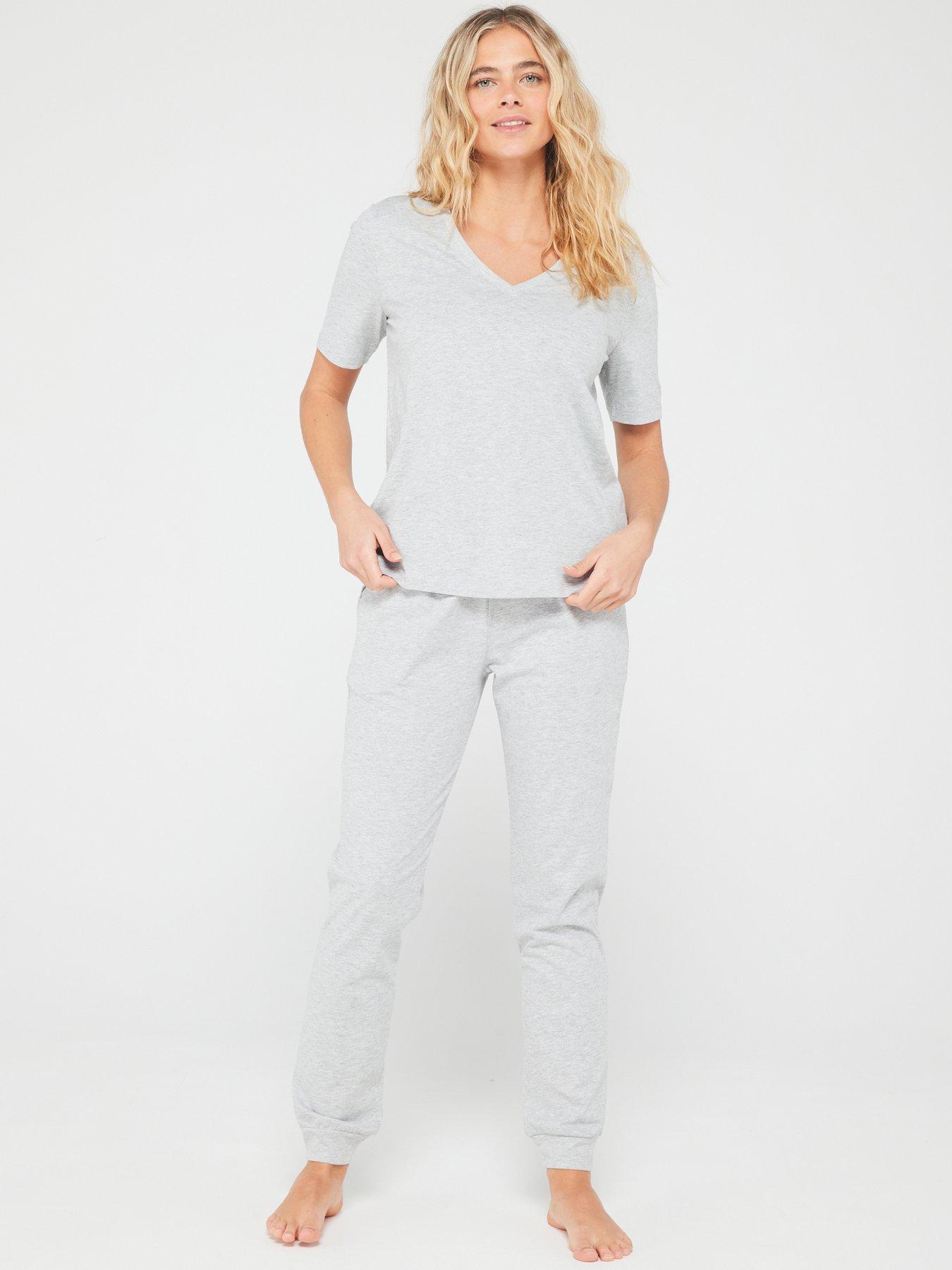  image of everyday-mid-sleeve-v-neck-top-and-jogger-pj-set-grey-marlnbsp
