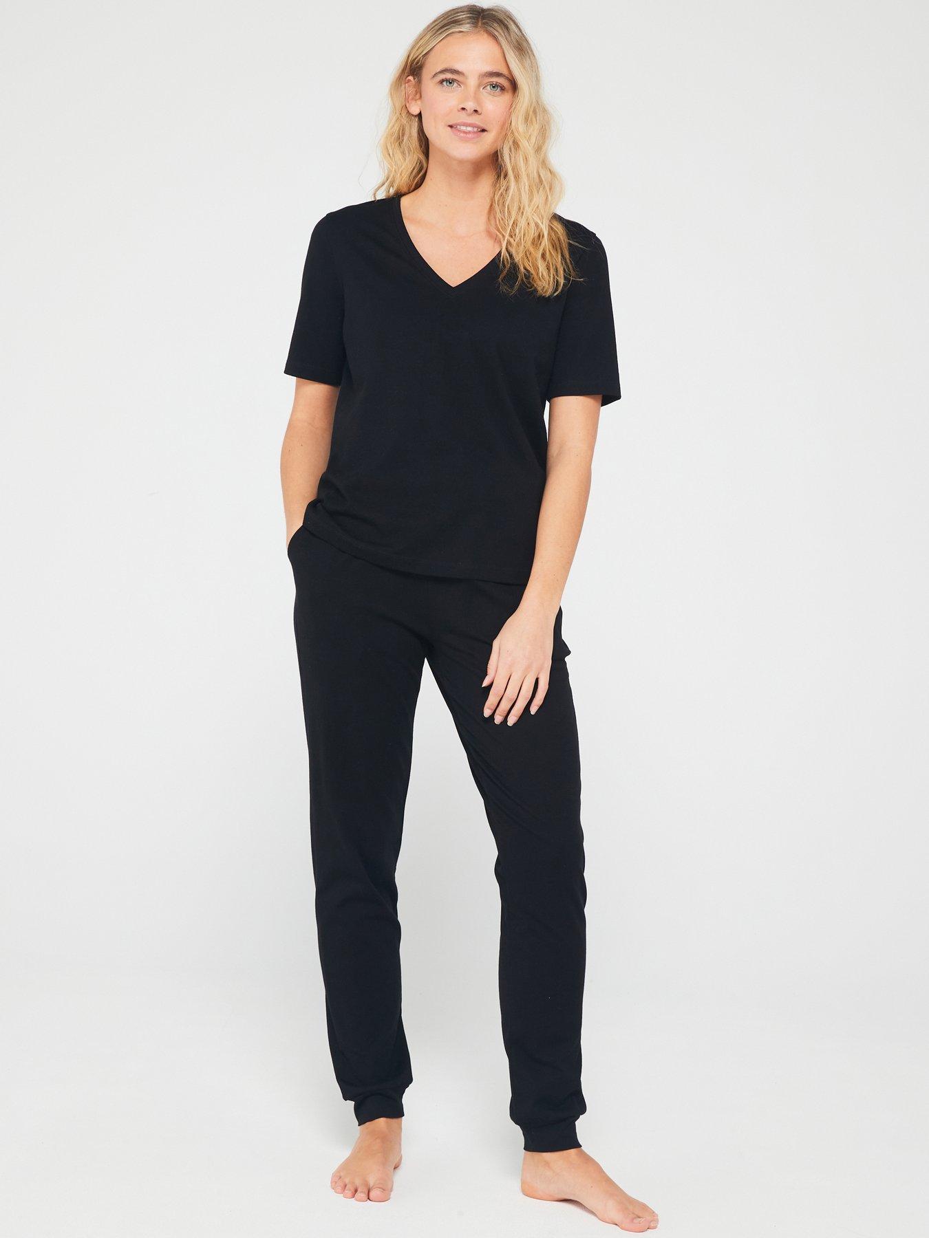 undefined Mid Sleeve V-Neck Top and Jogger PJ Set - Black