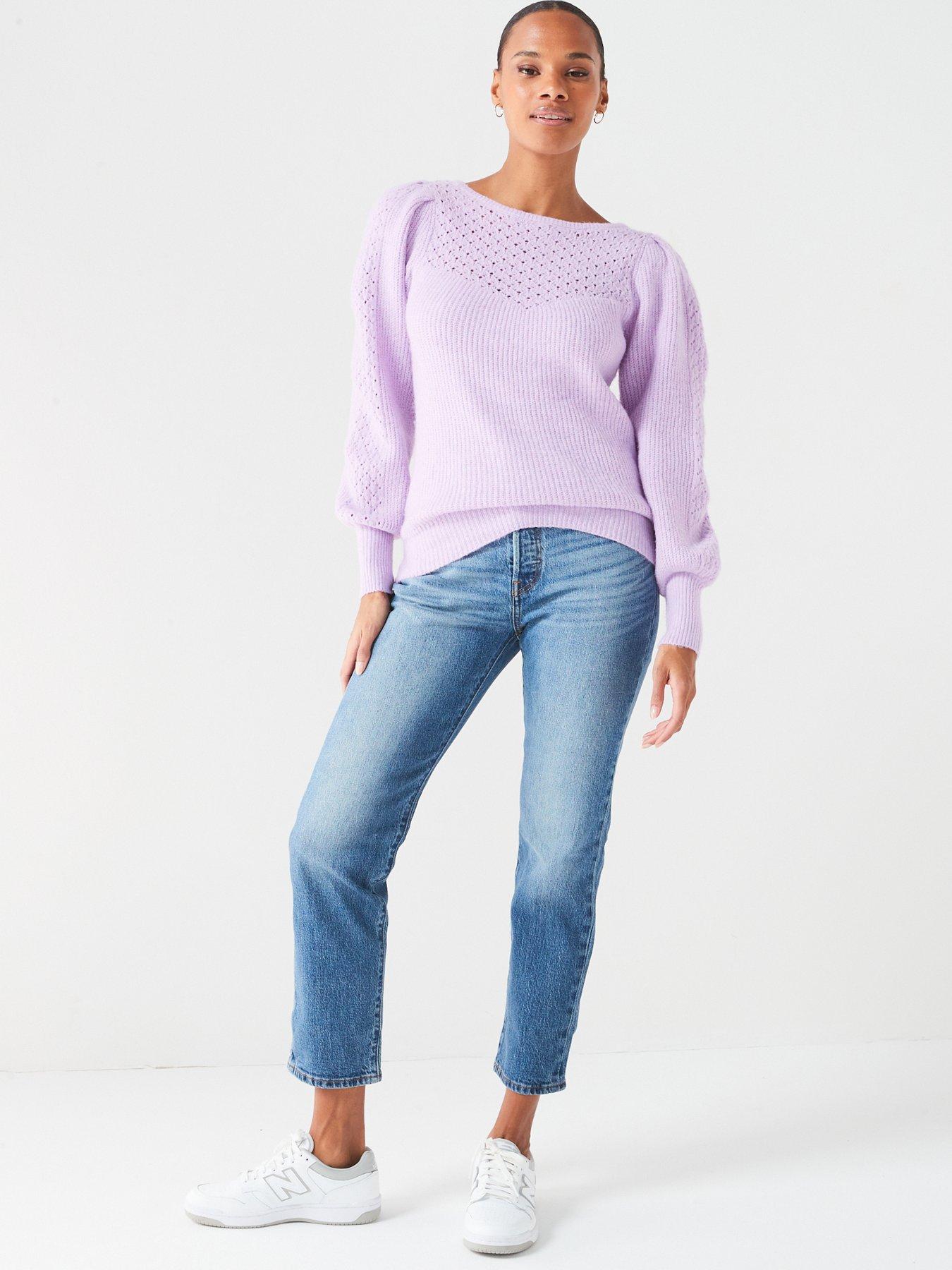 V by Very Puff Sleeve Pointelle Knitted Jumper - Lilac