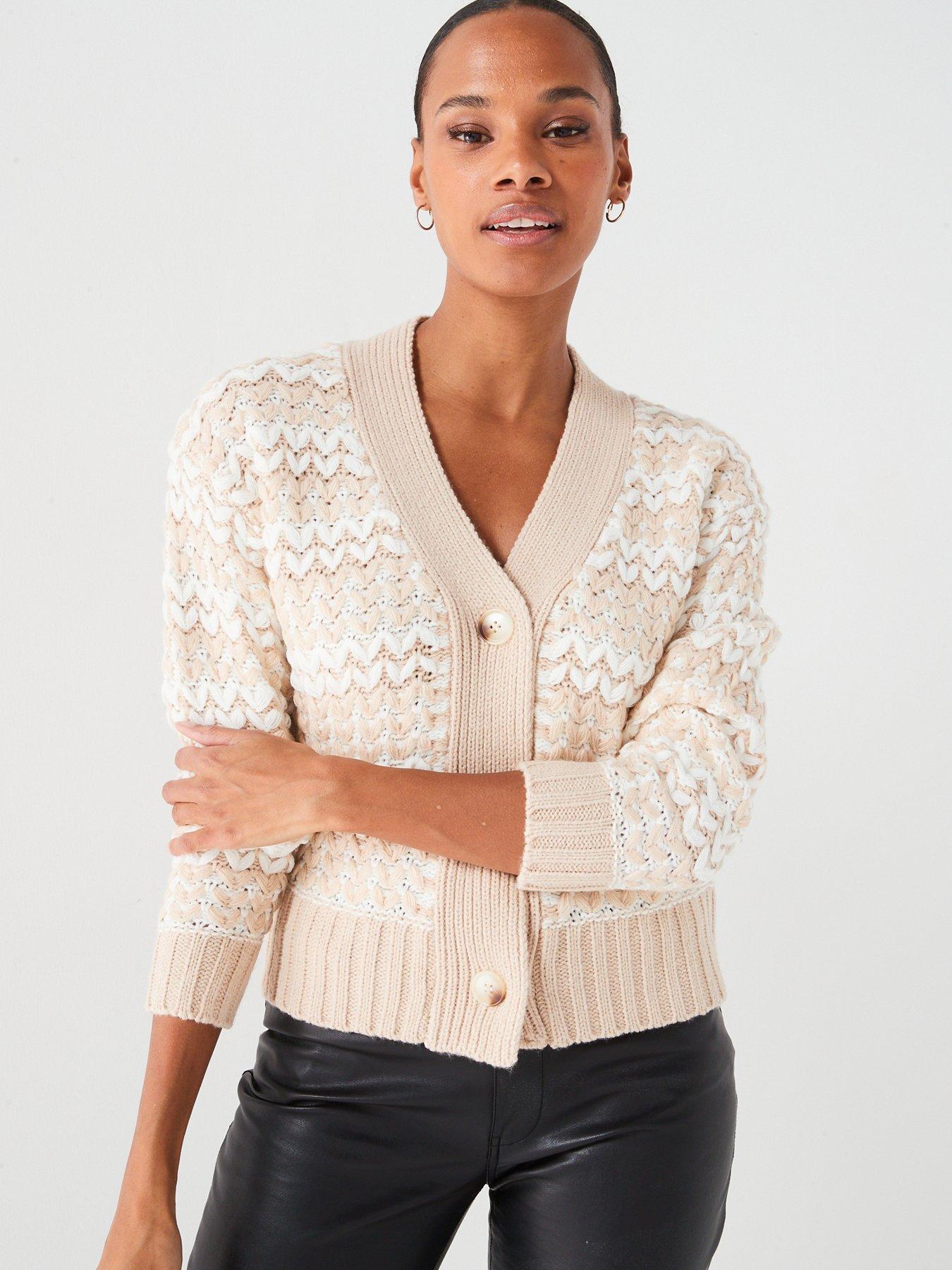 Contrast Stitch Detail Cardigan Neutral and White