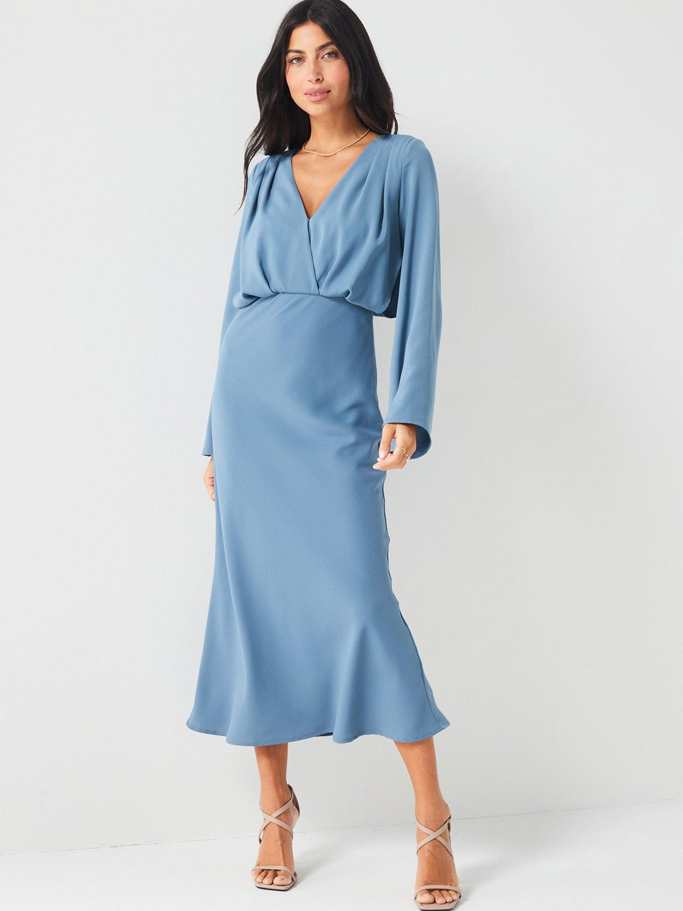 V by Very Long Sleeve Wrap Crepe Midaxi Dress Blue littlewoods