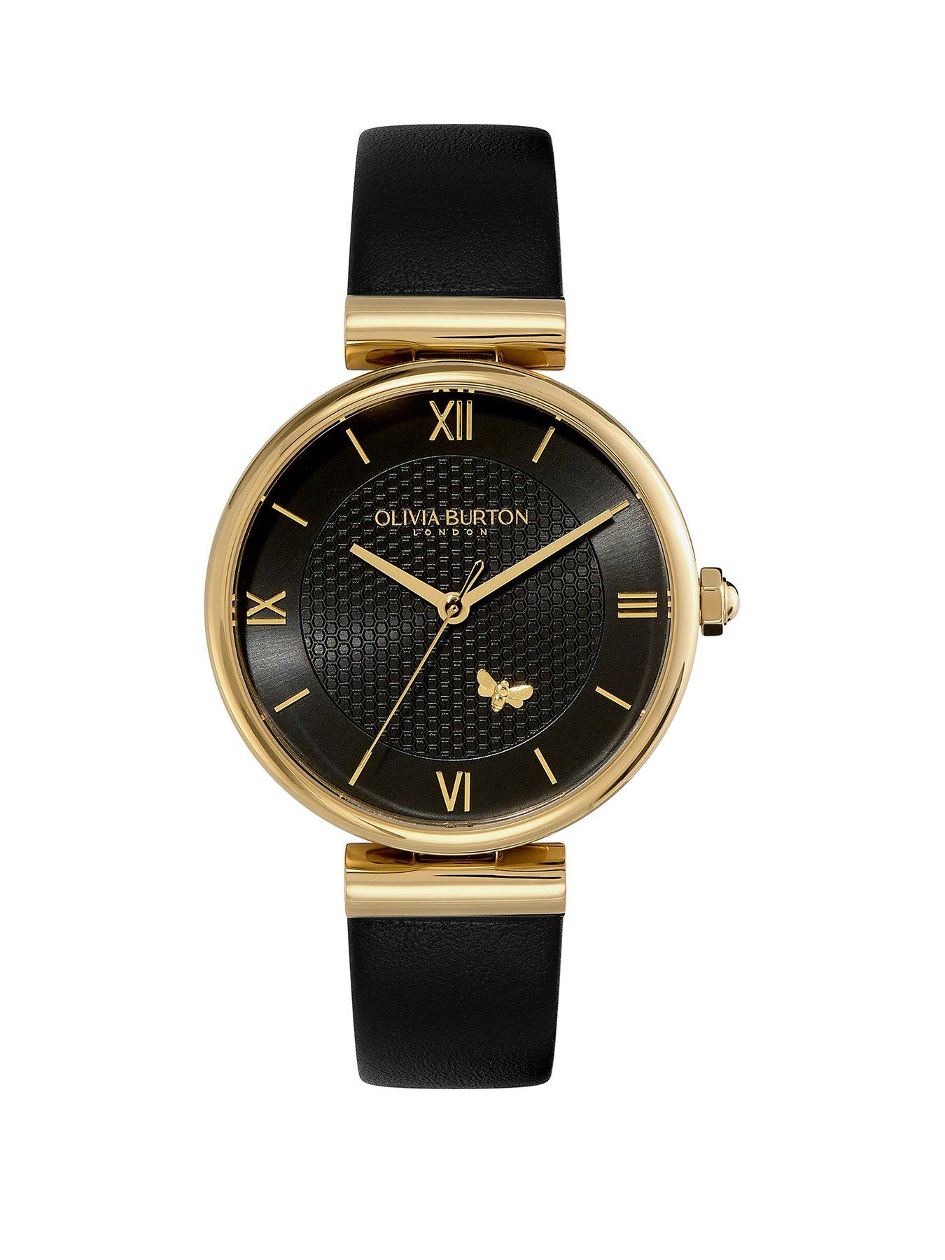 Olivia Burton 36mm Minima Bee T Bar Gold Black Leather Strap