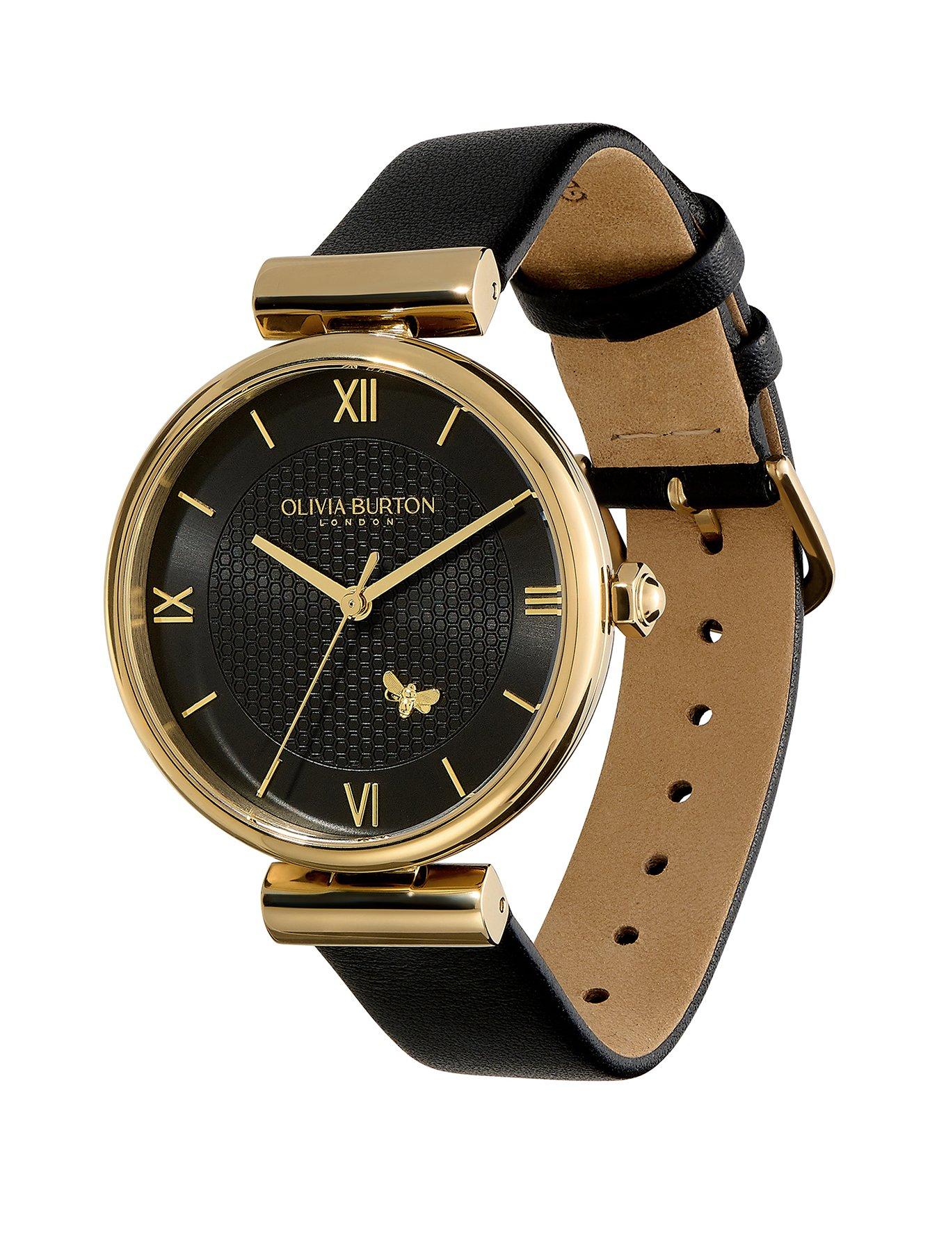 Olivia Burton 36mm Minima Bee T Bar Gold Black Leather Strap