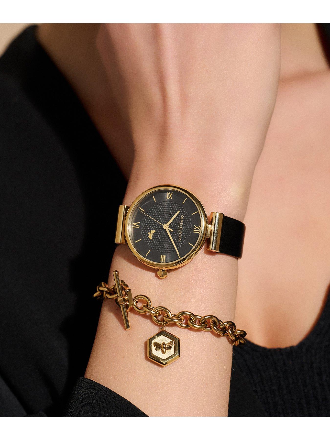 Olivia Burton 36mm Minima Bee T Bar Gold Black Leather Strap