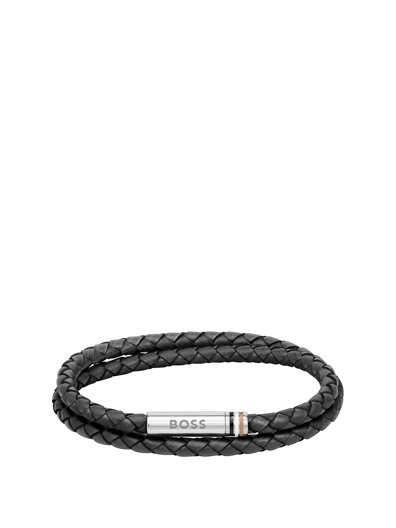 undefined Gents BOSS Ares Black Double Wrap Leather Bracelet