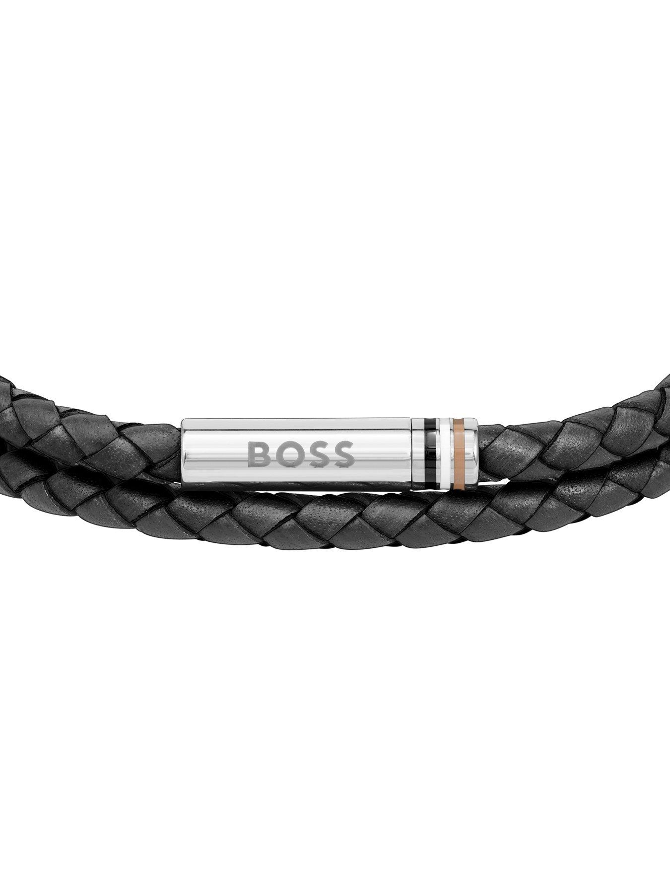  image of boss-gents-boss-ares-black-double-wrap-leather-bracelet