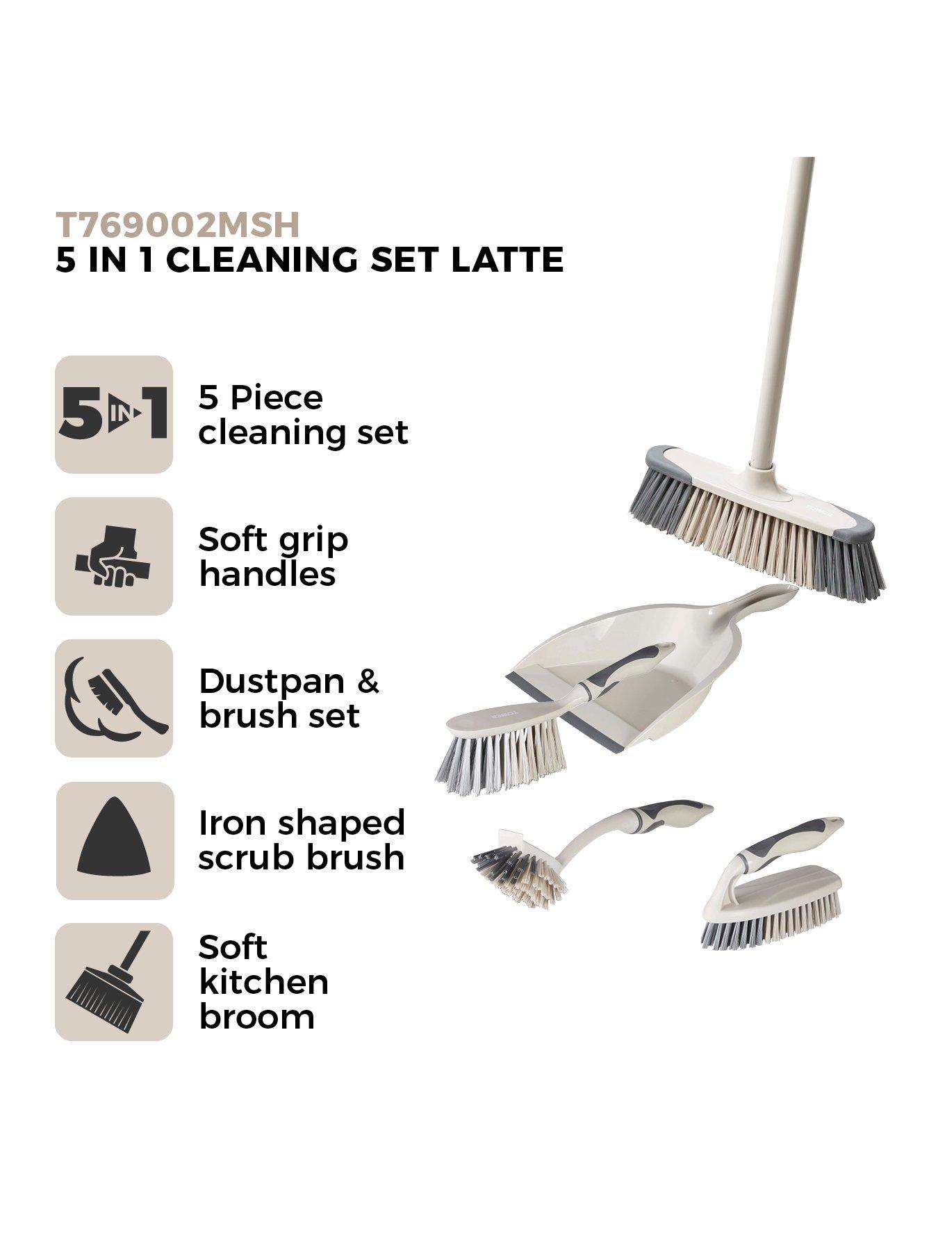  image of tower-t769002msh-5-in-1-cleaning-set-with-dust-pan-and-brushkitchen-broomdish-brushscrub-brush-latte-amp-grey