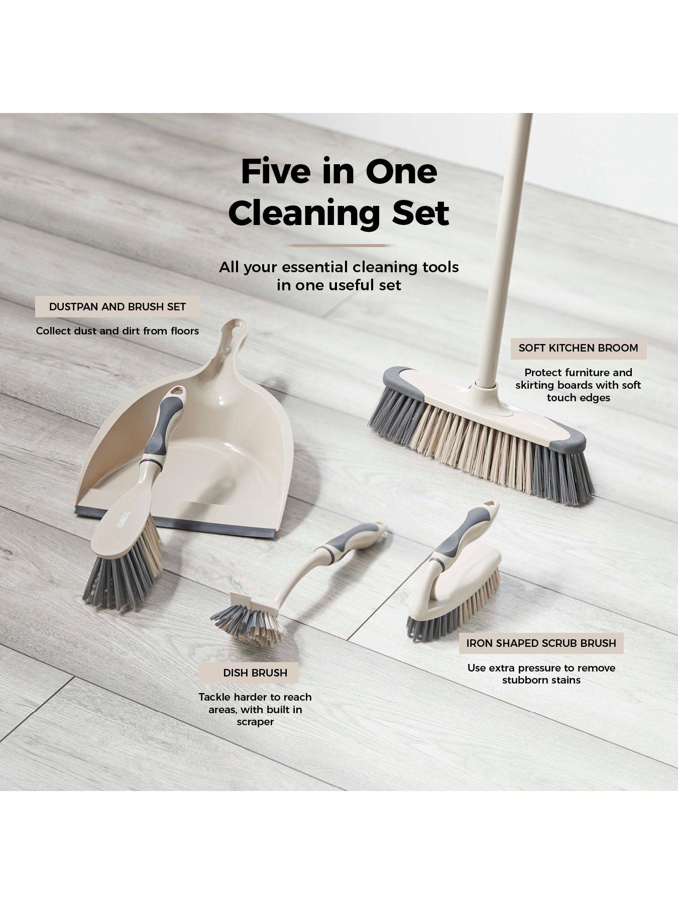 image of tower-t769002msh-5-in-1-cleaning-set-with-dust-pan-and-brushkitchen-broomdish-brushscrub-brush-latte-amp-grey