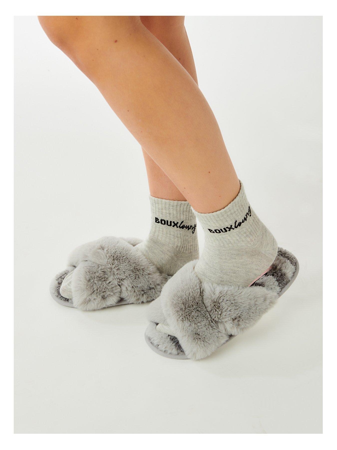 Boux Avenue Borg Cross Band Slipper Grey Mix littlewoods