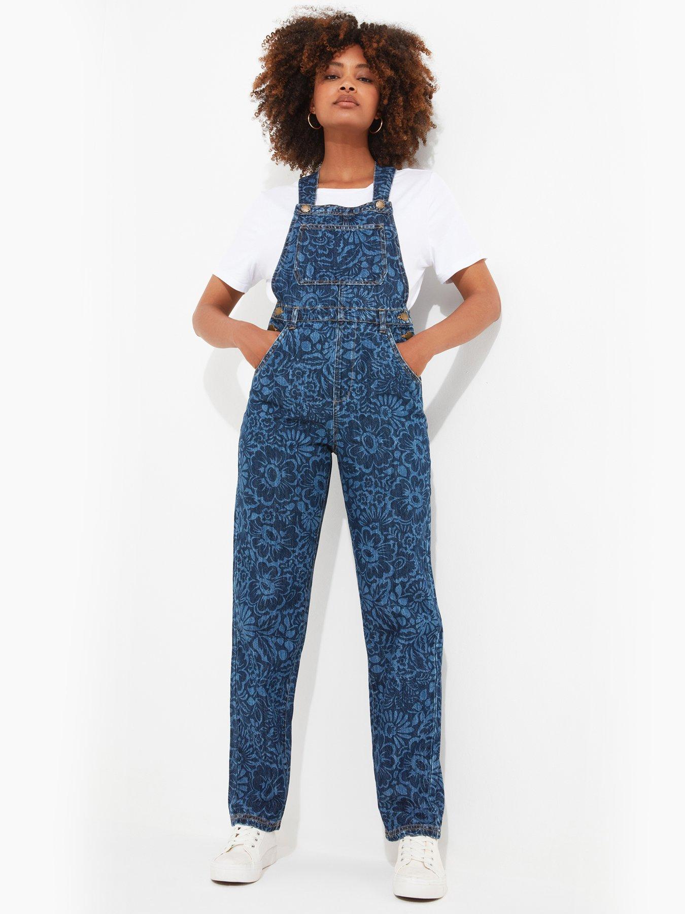 Embroidered Crop Dungaree - Blue