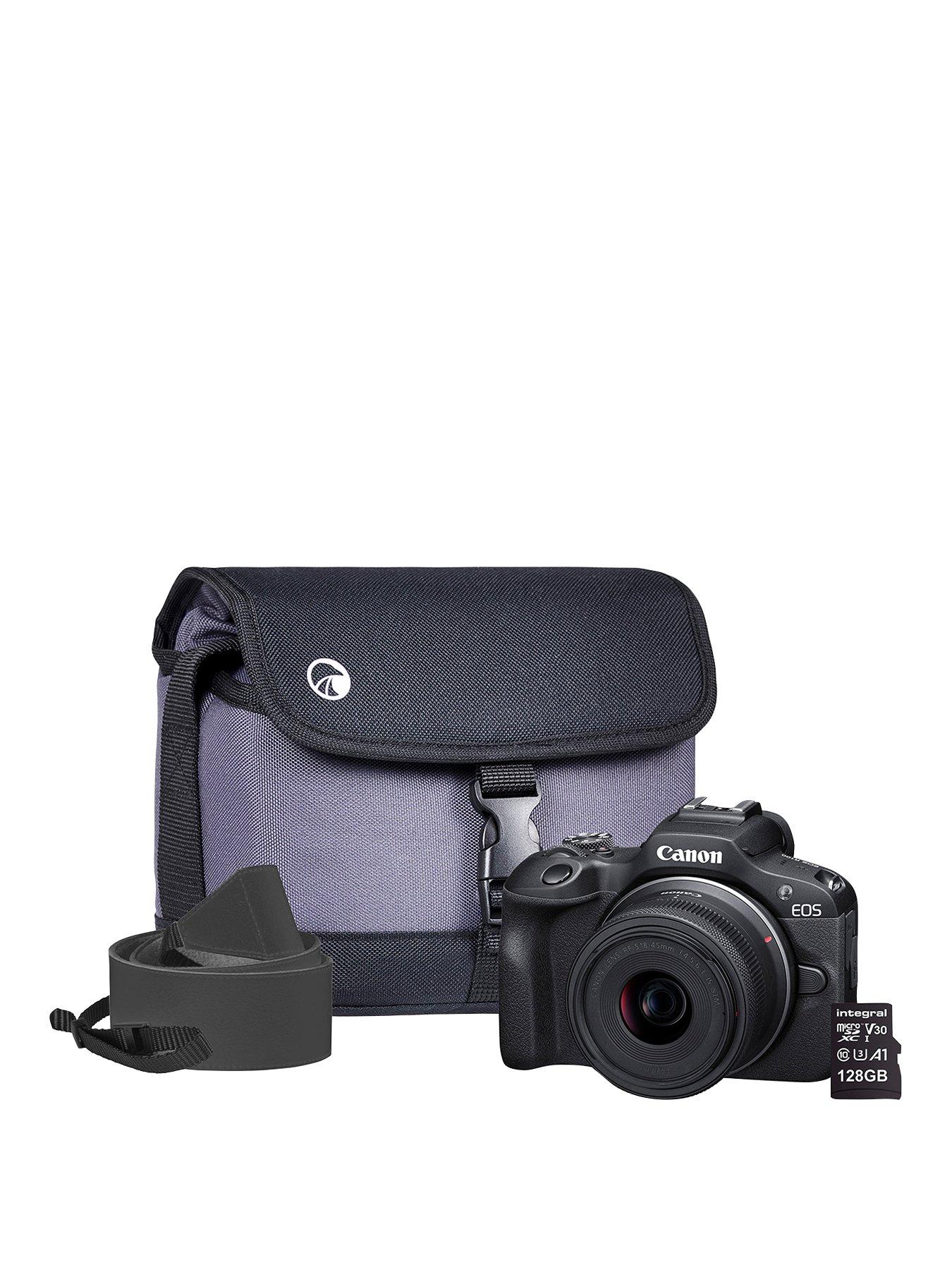 Image 1 of 7 of Canon EOS R100 APS-C Mirrorless Camera Kit inc RF-S 18-45mm Lens, 128GB SD Card, Neck Strap and Case - Black