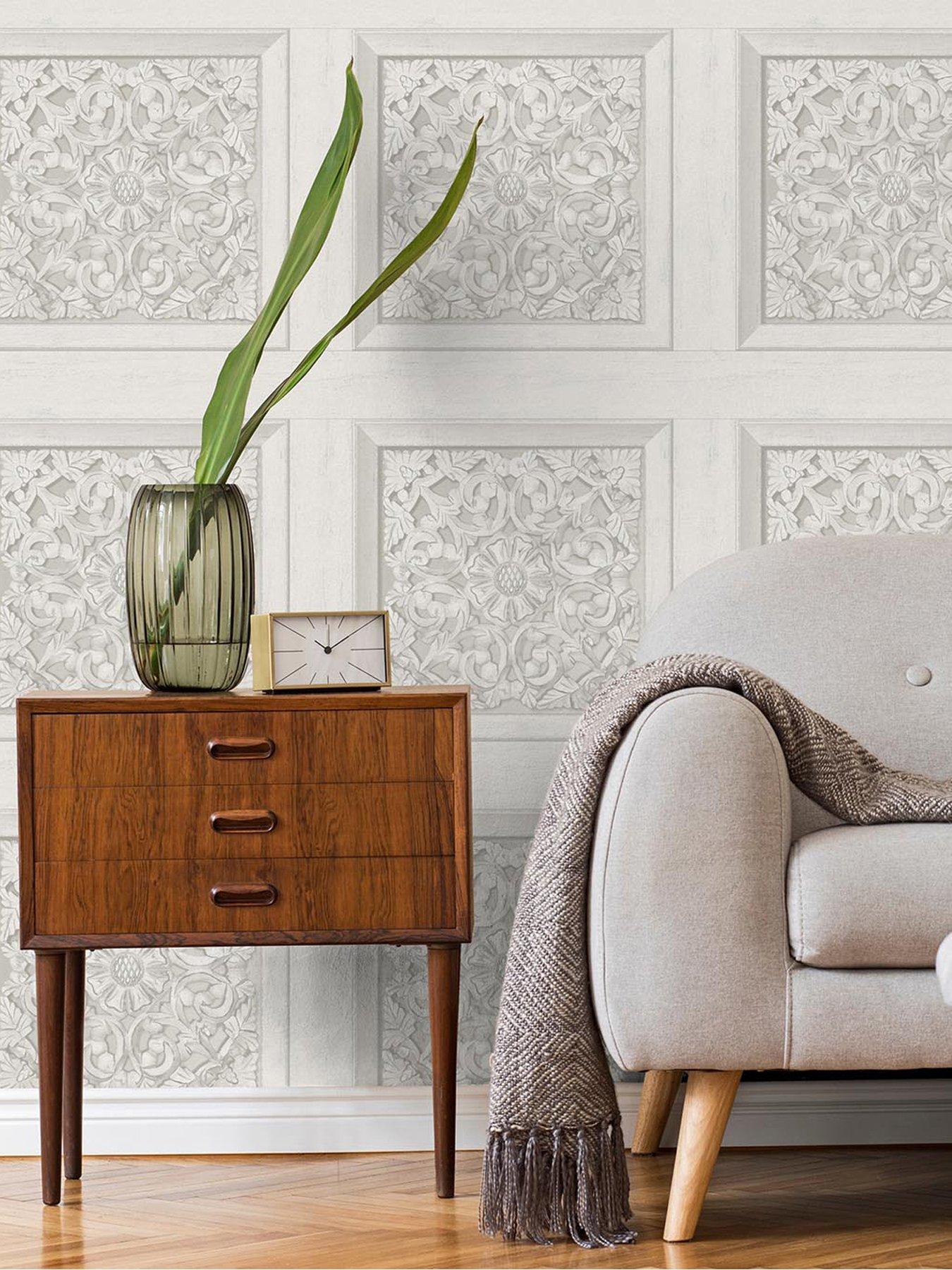 Fine Decor Carved Panel Wallpaper - Grey | littlewoods.com