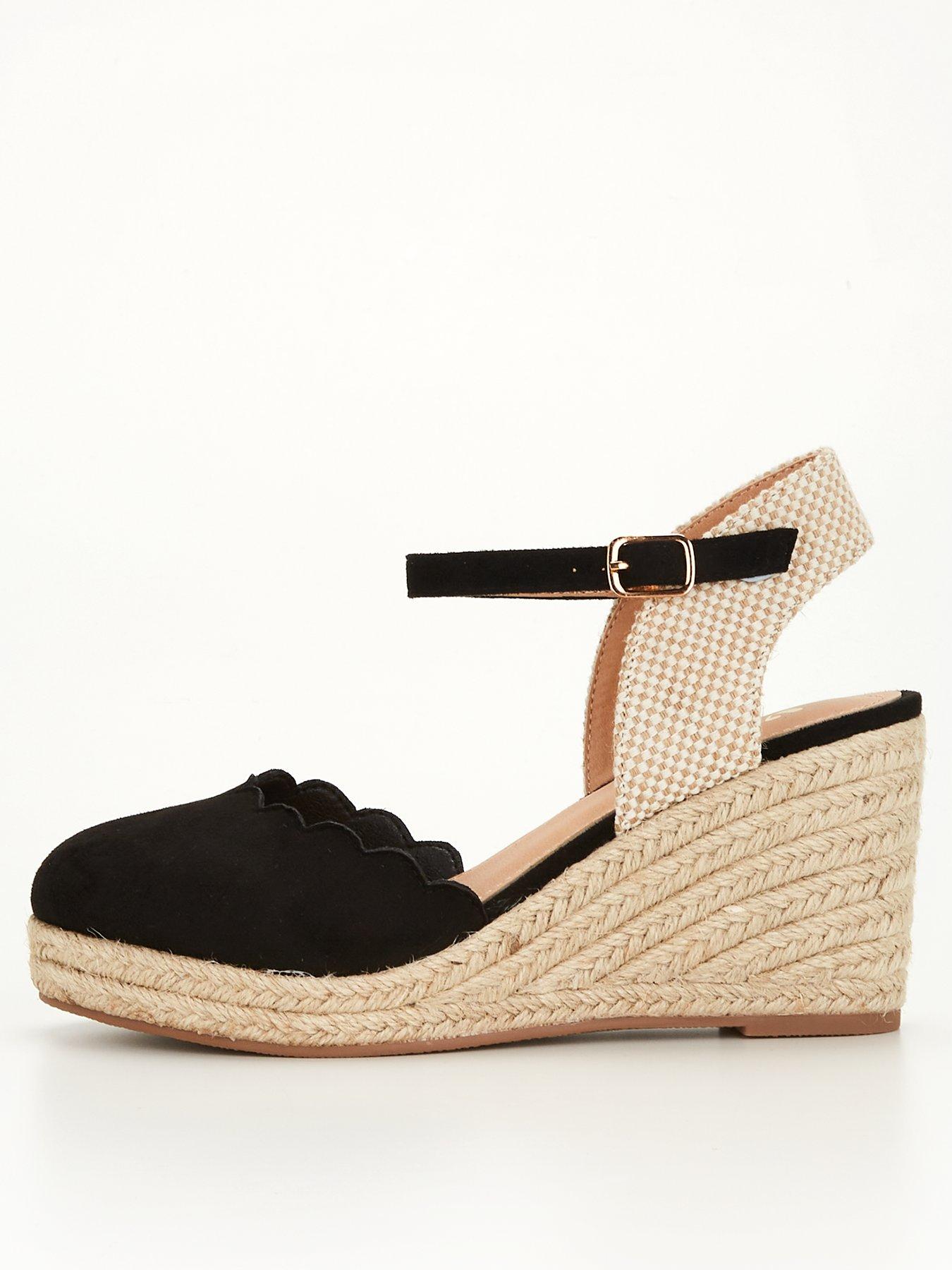 V by Very Wide Fit Scalloped Edge Close Toe Wedge Black littlewoods