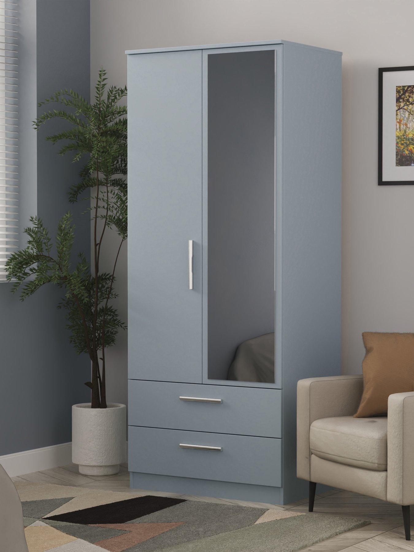 undefined Logan Ready Assembled 2 Door, 2 Drawer Mirrored Wardrobe - Blue